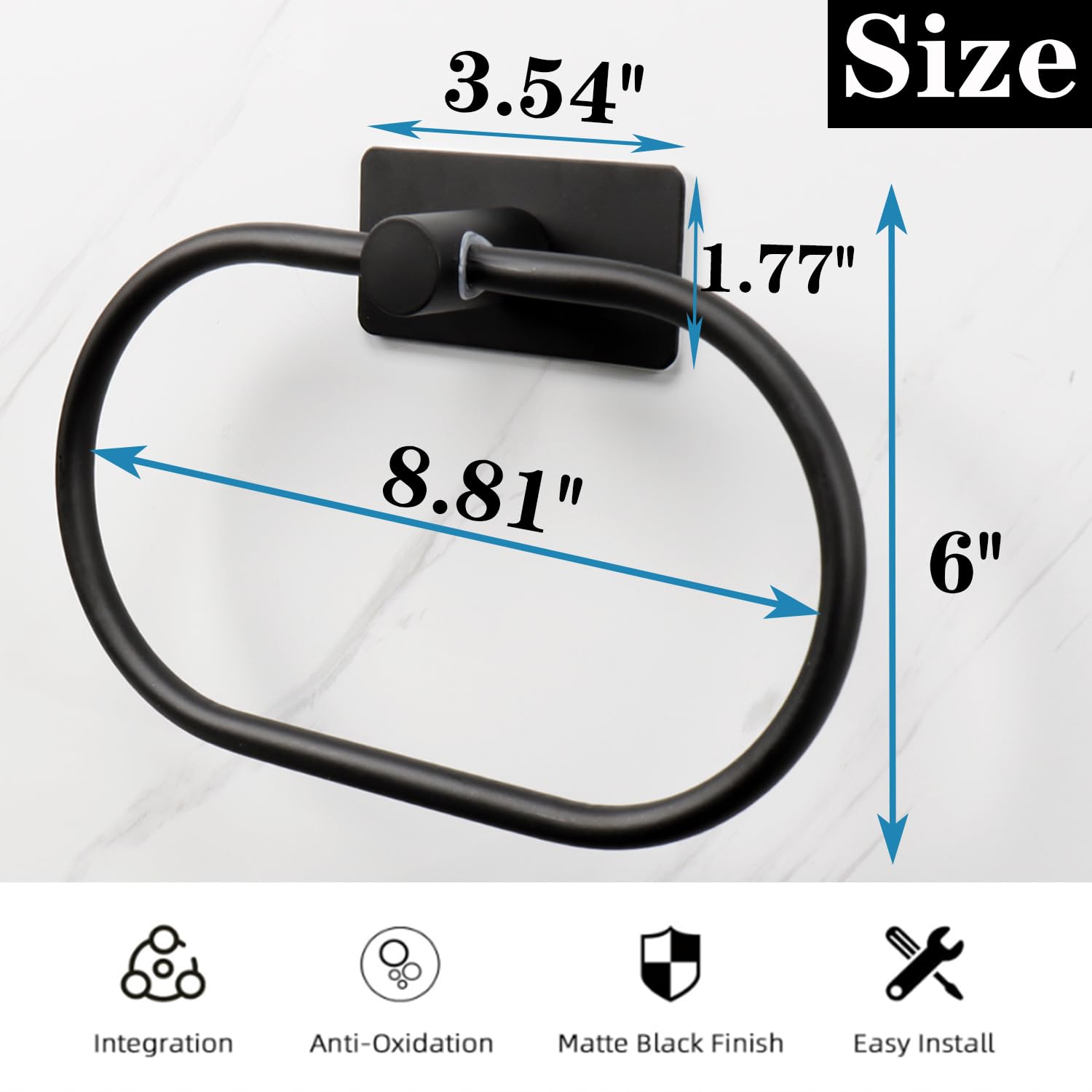 Stick-On Oval Towel Ring - No Drill Self Adhesive Hand Towel Holder - Thick 304 Stainless Steel Bathroom & Kitchen Towel Hanger - Matte Black - Perfect for Small Spaces & Rental Homes