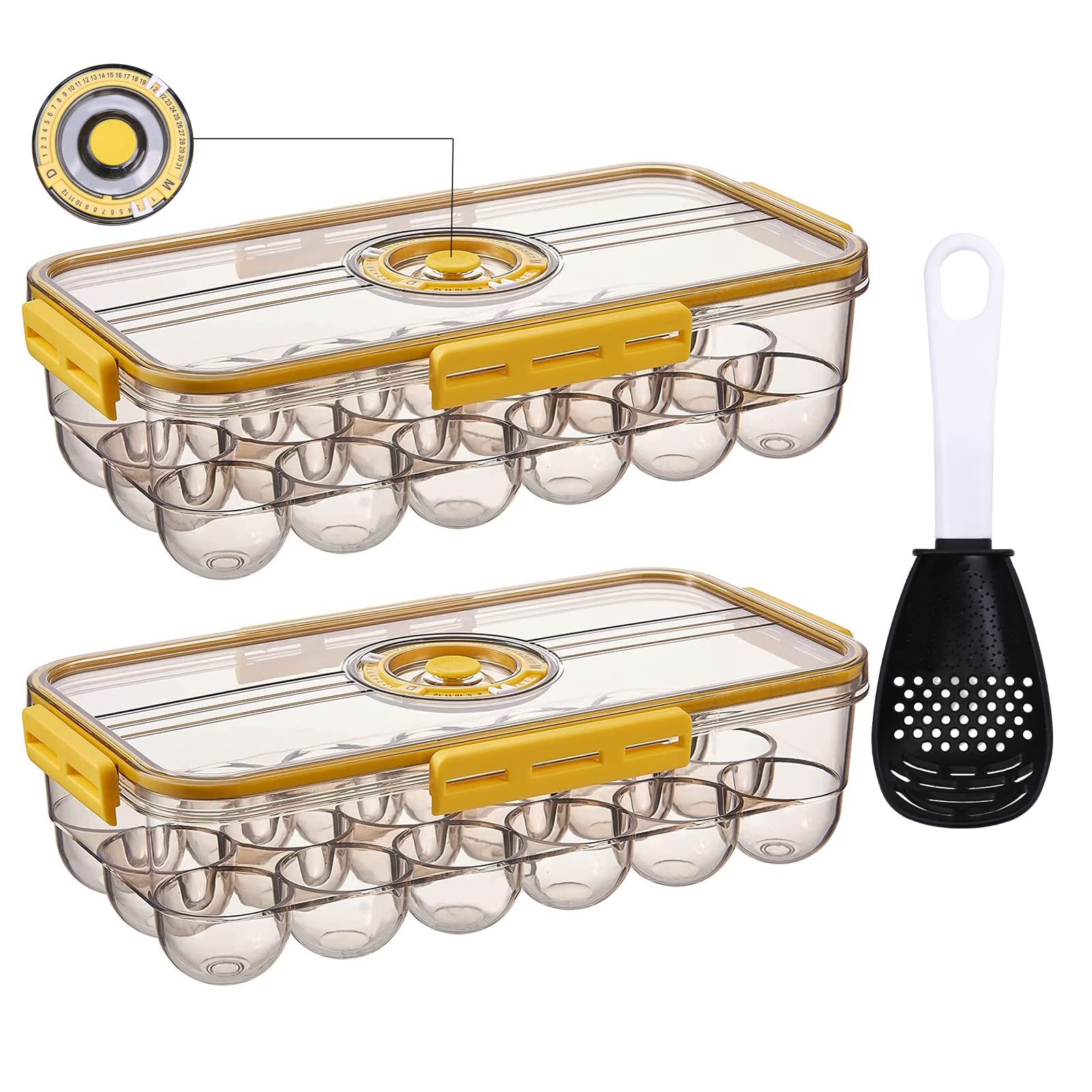 JMSWENJUAN 18 Egg Container for Refrigerator with Lid & Time Scale - Clear Plastic Egg Storage Organizer & Fridge Egg Tray (Pack of 2) - Perfect for Kitchen Organization, Fresh Egg Storage & Meal Prep