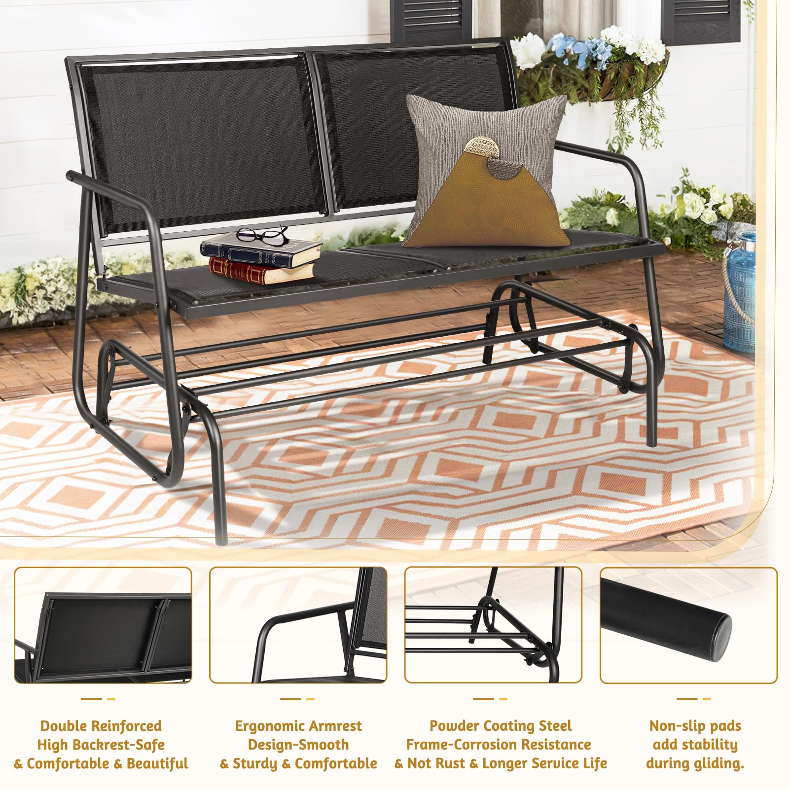 **SUNCROWN Outdoor 2-Person Glider Bench - Patio Swing Rocking Chair with Powder Coated Steel Frame & Textilene Fabric - Perfect for Backyard, Garden, Porch, Deck (Black) - Ideal for Relaxing, Lounging & Enjoying Outdoor Breezes**