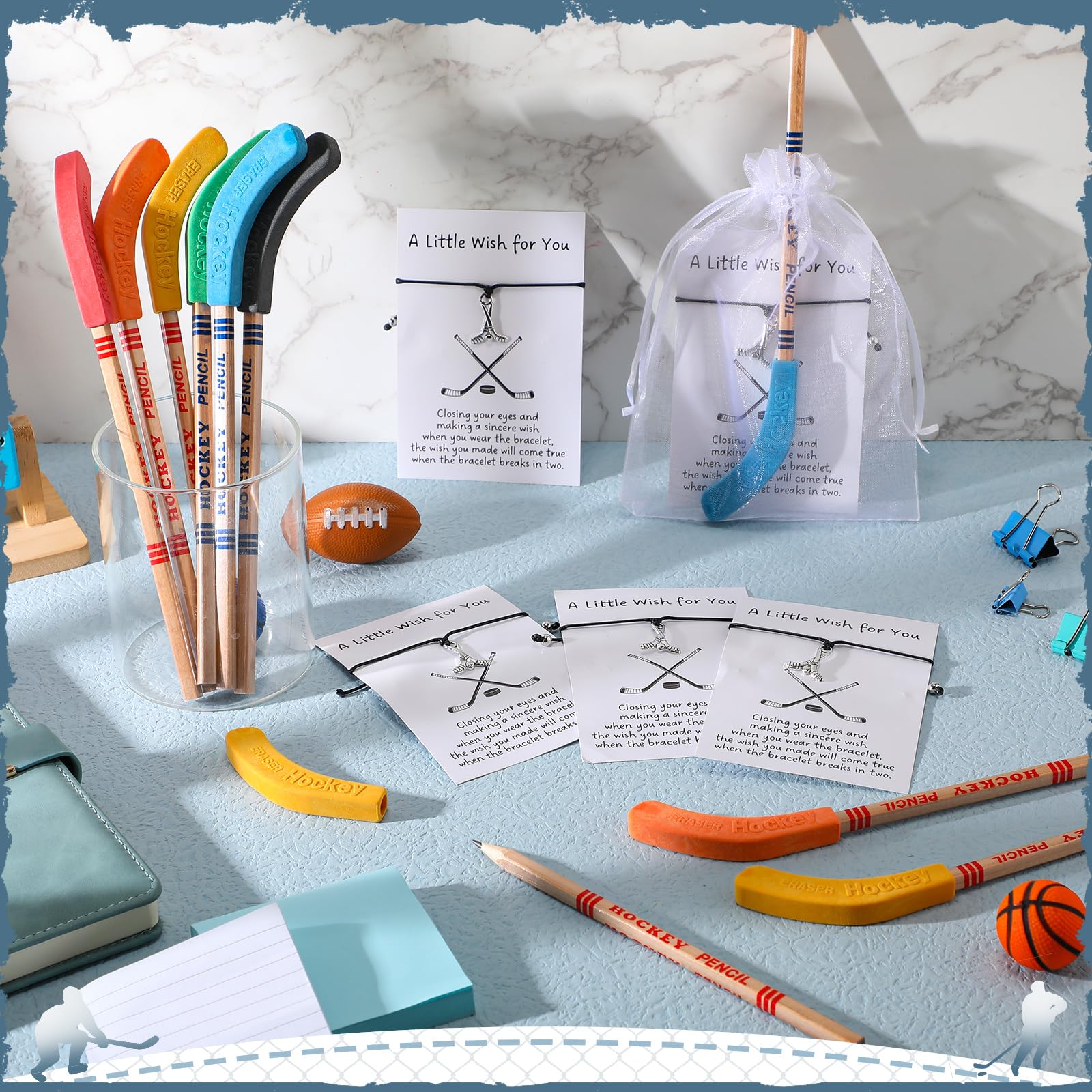 24 Sets Hockey Themed Graduation Gifts for Players - Includes Hockey Pencils with Erasers, Wish Bracelets, Cards & Gift Bags - Perfect for Team Celebrations, Birthday Parties & School Awards (Sports Motivational Gifts)
