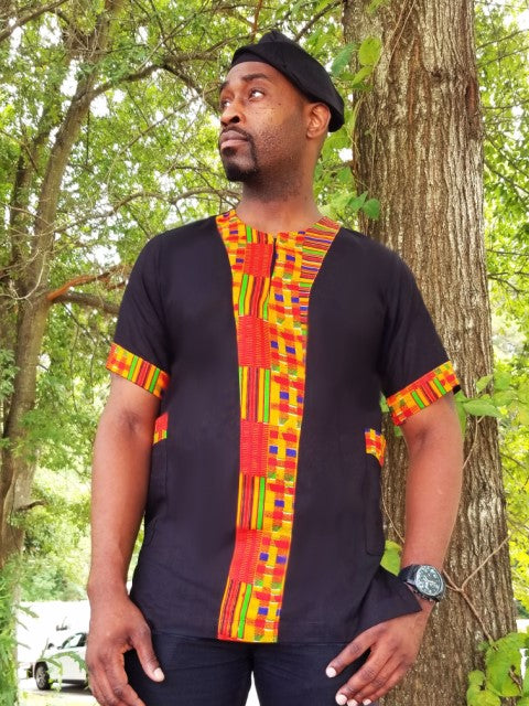 African Dashiki Shirt for Men - Black Cotton with Kente Print Trim | Traditional African Clothing | Perfect for Cultural Events, Weddings & Festivals (DP3298D)