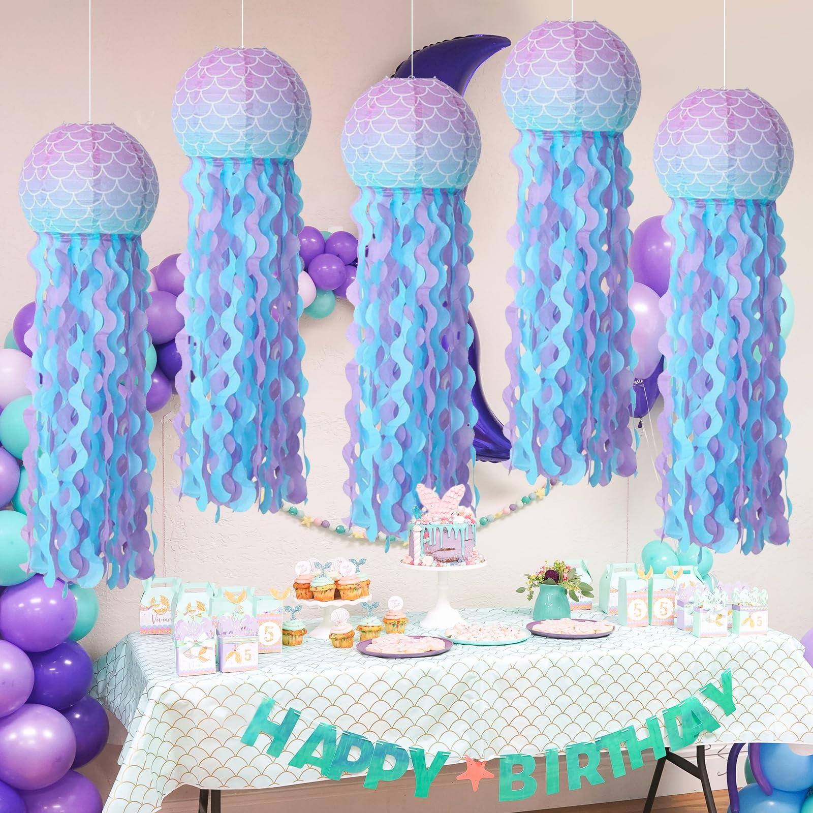 6 Pack Mermaid Jellyfish Paper Lanterns - Under The Sea Party Decorations for Mermaid Theme Birthday, Baby Shower & Ocean Themed Events - Hanging Sea Creature Lanterns for Indoor/Outdoor Decor