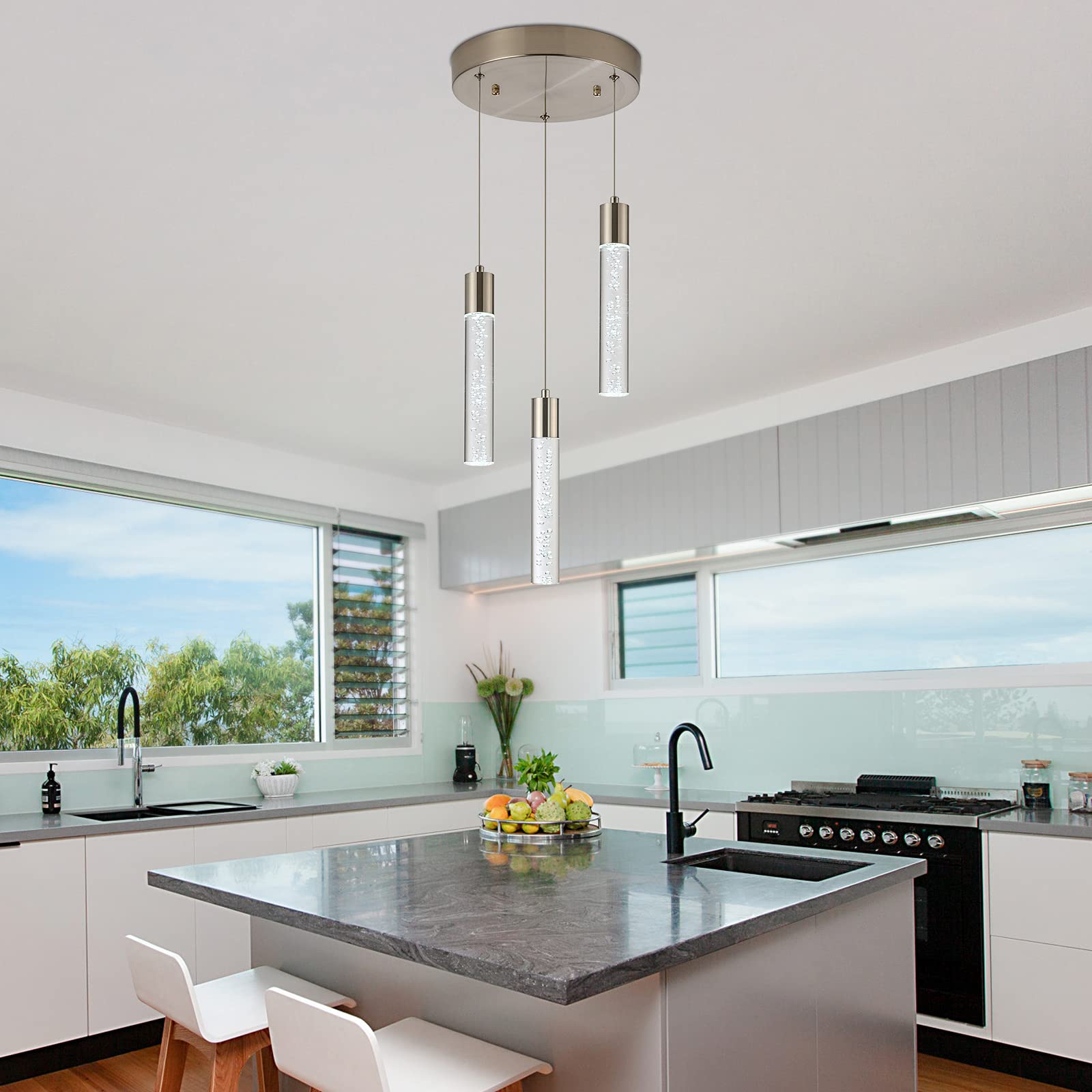 3-Light Pendant Lighting Fixture - Modern Satin Nickel Ceiling Light with Dimmable LED Bulbs, Crystal Bubble Chandelier for Kitchen Island, Dining Room, Living Room & Restaurant Decor (6000K Daylight White) - Perfect for Contemporary Home & Commercial Spaces