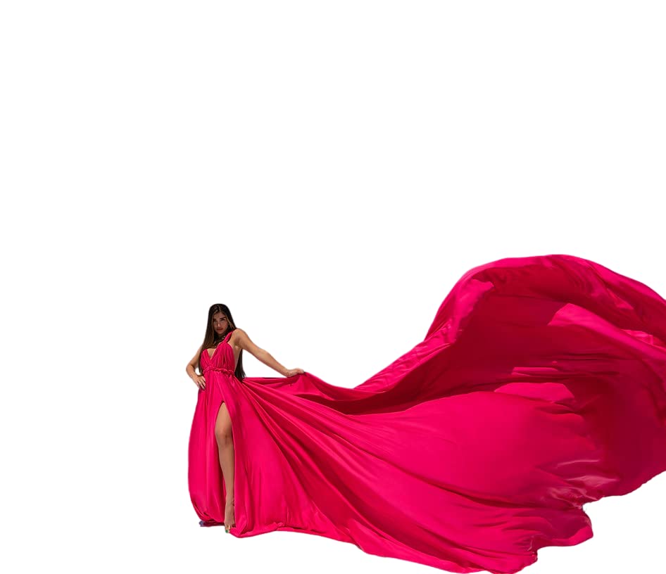 Elegant Long Flying Dress for Photoshoots - Flowy Satin Gown with Train | Santorini Photo Dress | Perfect for Beach Weddings, Maternity Photos & Vacation Photography