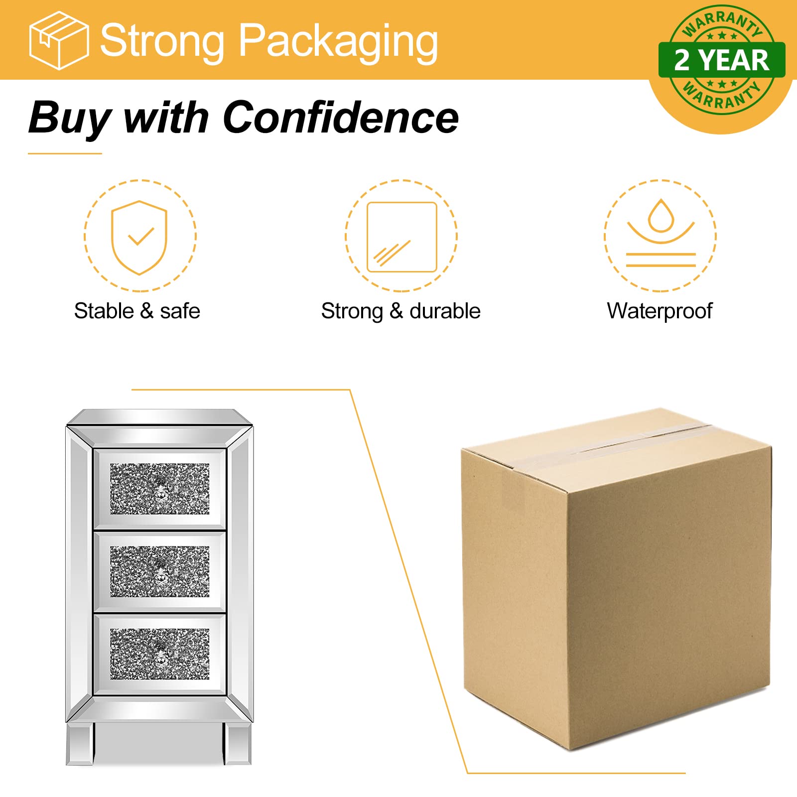 VINGLI 3-Drawer Mirrored Nightstand - Silver Glass Accent Bedside Table with Storage, Fully Assembled for Bedroom, Living Room & Guest Room Decor