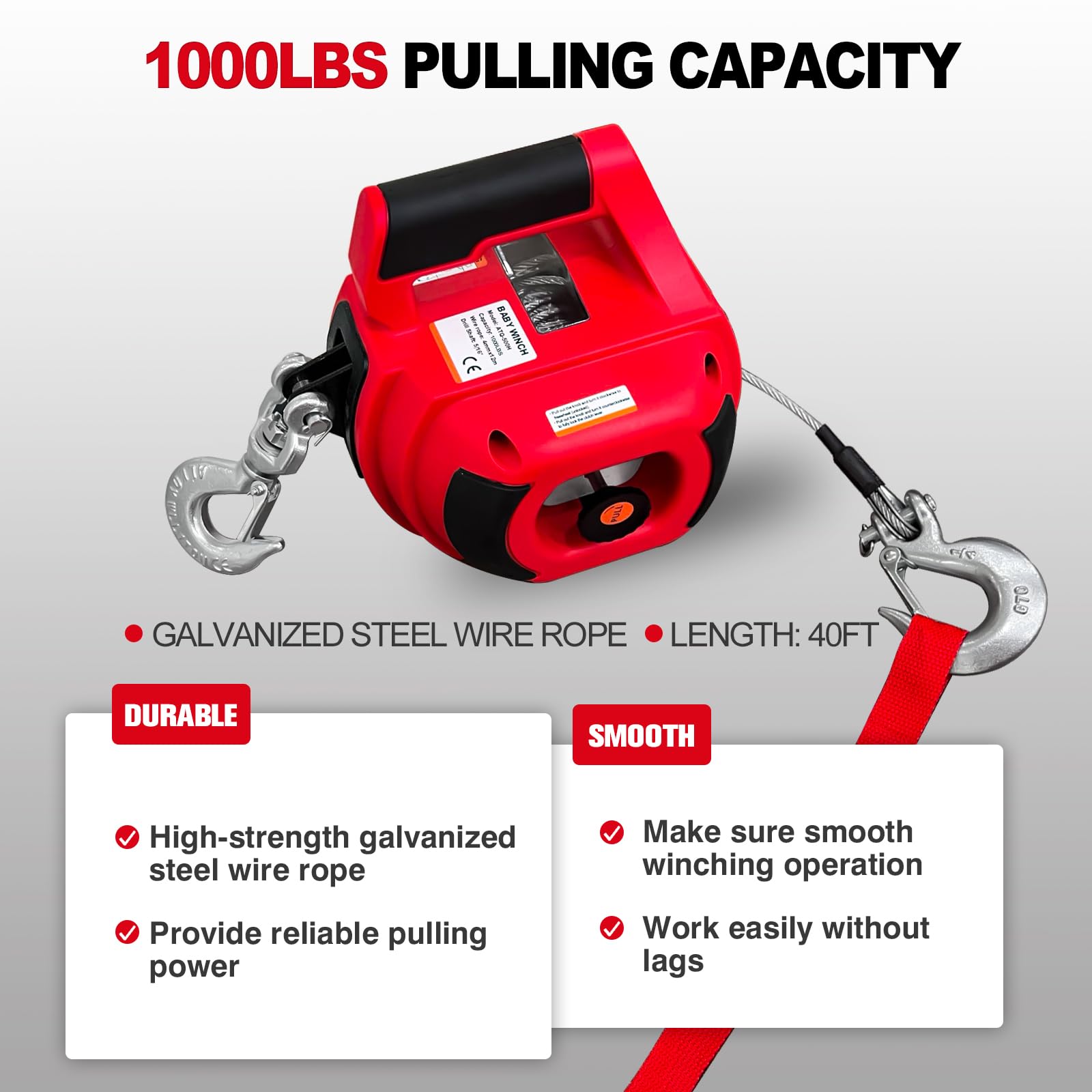 **1000LBS Portable Drill Winch with 40FT Alloy Steel Wire Rope – Heavy Duty Drill Powered Winch for Lifting, Dragging, Handling & Trailers – Ideal for Off-Roading, Farm Work, Construction & DIY Projects (Red)**