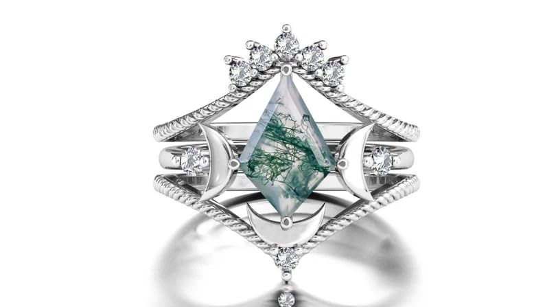 Antique Art Deco Moss Agate Engagement Ring Set – Vintage Kite Cut Wedding Band for Women | Unique Bridal Promise Rings for Romantic Proposals & Anniversary Gifts