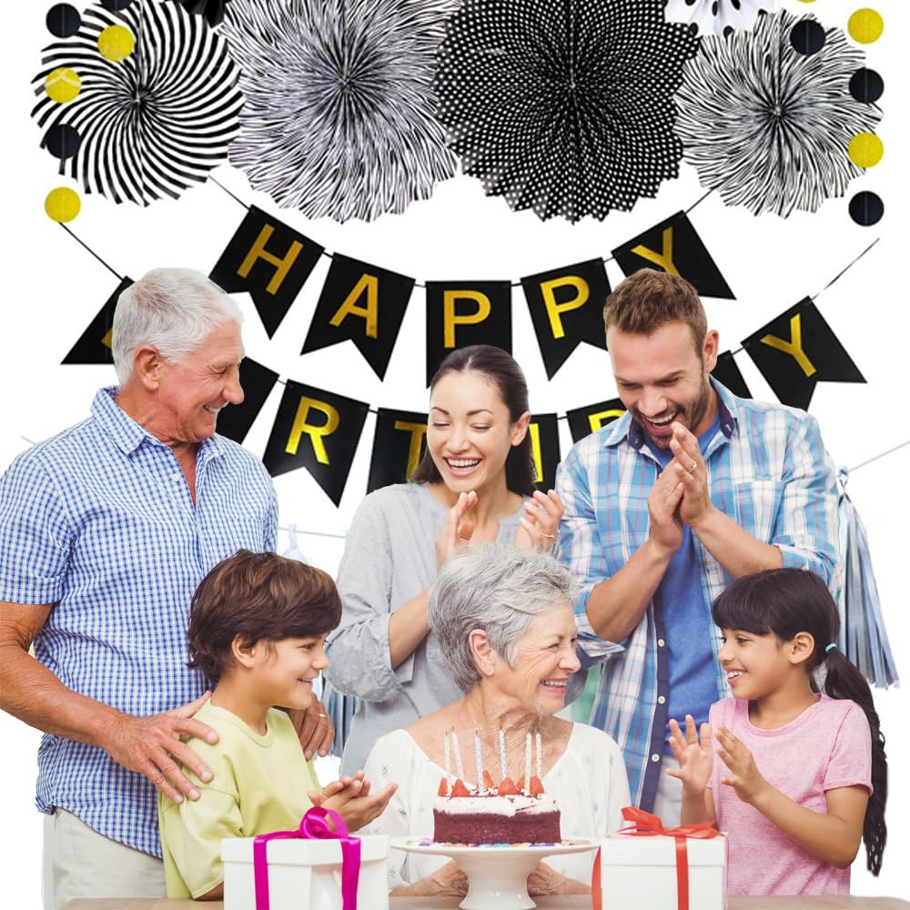 Black and Gold Happy Birthday Banner for Men - Premium Birthday Party Decorations with Paper Fans, Tassels & Dot Garland - Perfect for Adult Birthday Parties, Milestone Celebrations & Man Cave Decor