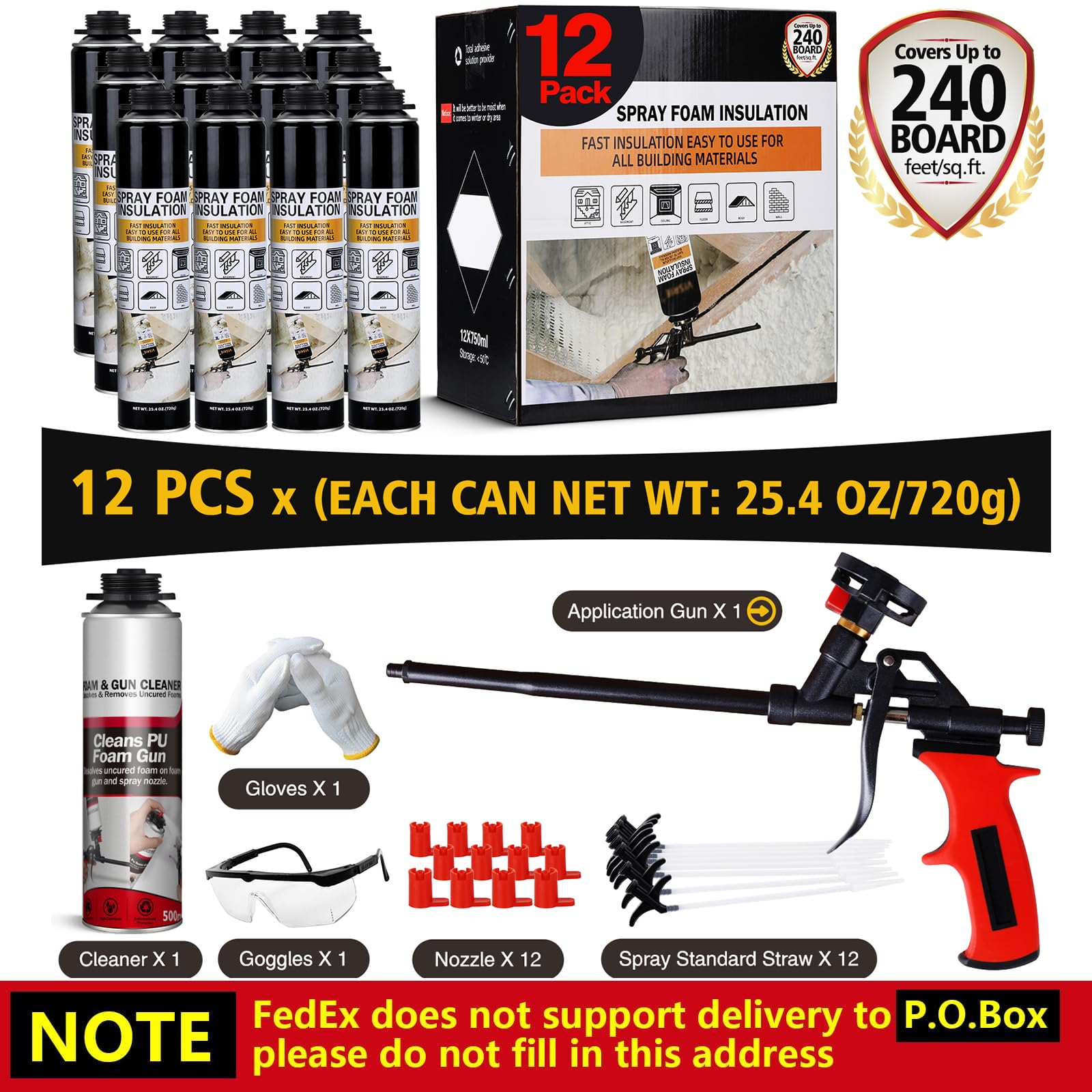 Closed Cell Spray Foam Insulation Kit - 25.4 oz Expanding Sealant for Walls & Attics | Covers 240 Board Feet | Includes Spray Gun & Cleaner (12 Pack) | Perfect for Home Insulation, Soundproofing & Air Sealing Projects