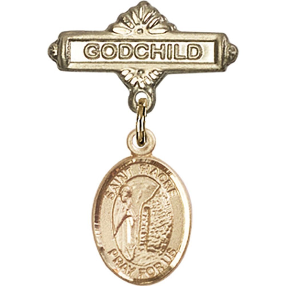 Gold Filled Baby Badge with St. Fiacre Charm - Godchild Baptism Pin (1 X 5/8 inches) - Perfect for Christening Gifts, Baby Showers & Religious Ceremonies