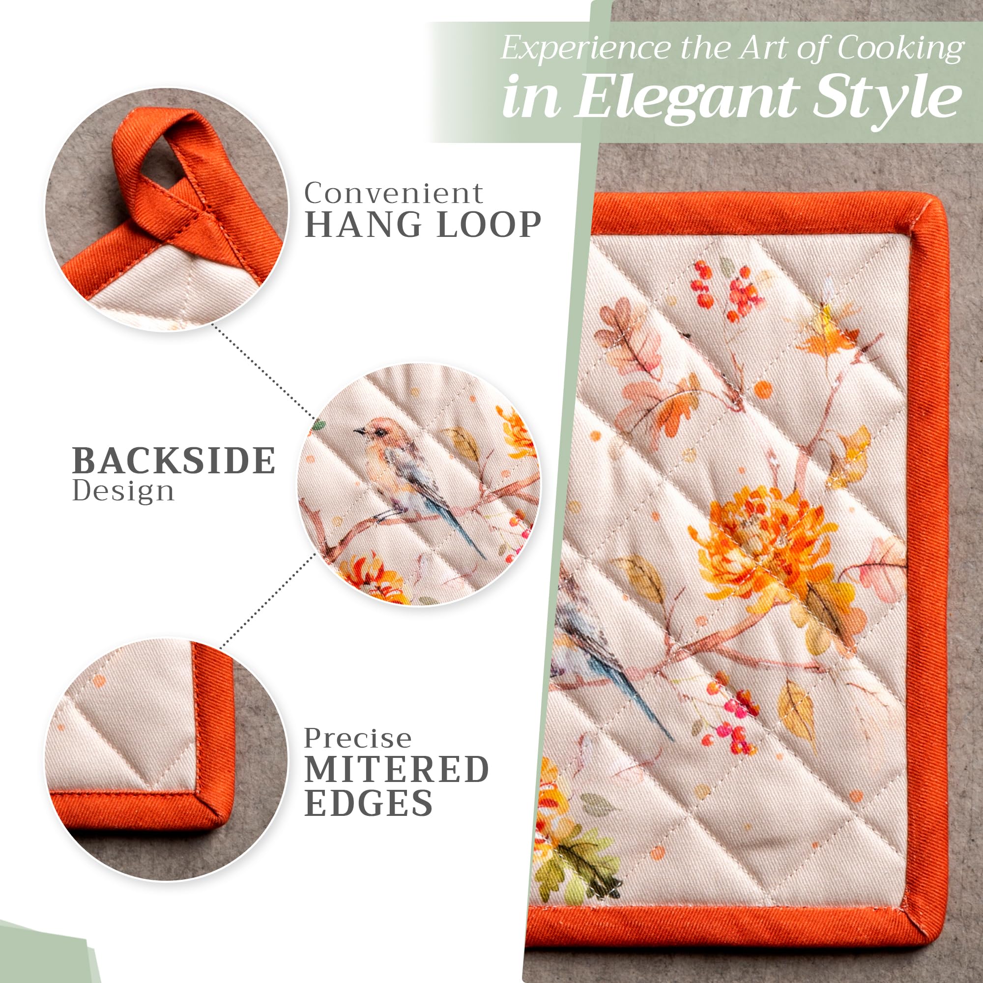 Hermine 100% Cotton Heat Resistant Pot Holder Set of 2 - 8x8 Inch Kitchen Hot Pads with Loop for Microwave, BBQ & Hot Pans (Kelim Prairie Design) - Perfect for Thanksgiving & Christmas Cooking, Baking and Holiday Entertaining