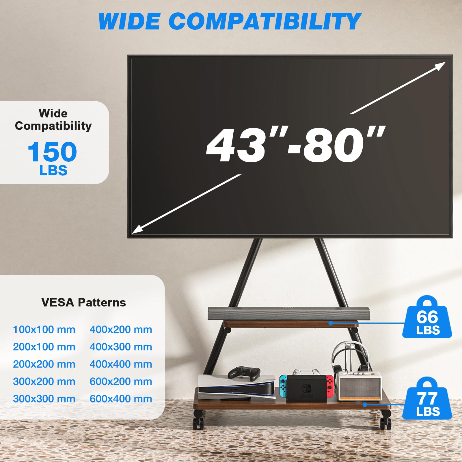 Heavy Duty Rolling TV Stand for 43-80 Inch TVs up to 150lbs - Mobile TV Cart with Wheels, Dual Storage Shelves & Tilt/Swivel Adjustment - Perfect for Living Room, Bedroom, Outdoor & Commercial Use