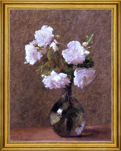Art Oyster Victoria Dubourg Fantin-Latour White Roses in Vase - 18x24 Inch Premium Canvas Print with Gold Frame - Perfect for Living Room, Bedroom & Office Decor