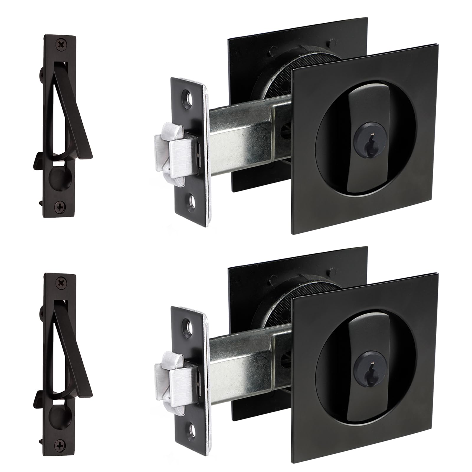 2 Pack Matte Black Pocket Door Lock with Key - Contemporary Sliding Barn Door Latch, Recessed 2-Sided Design, 2 3/8