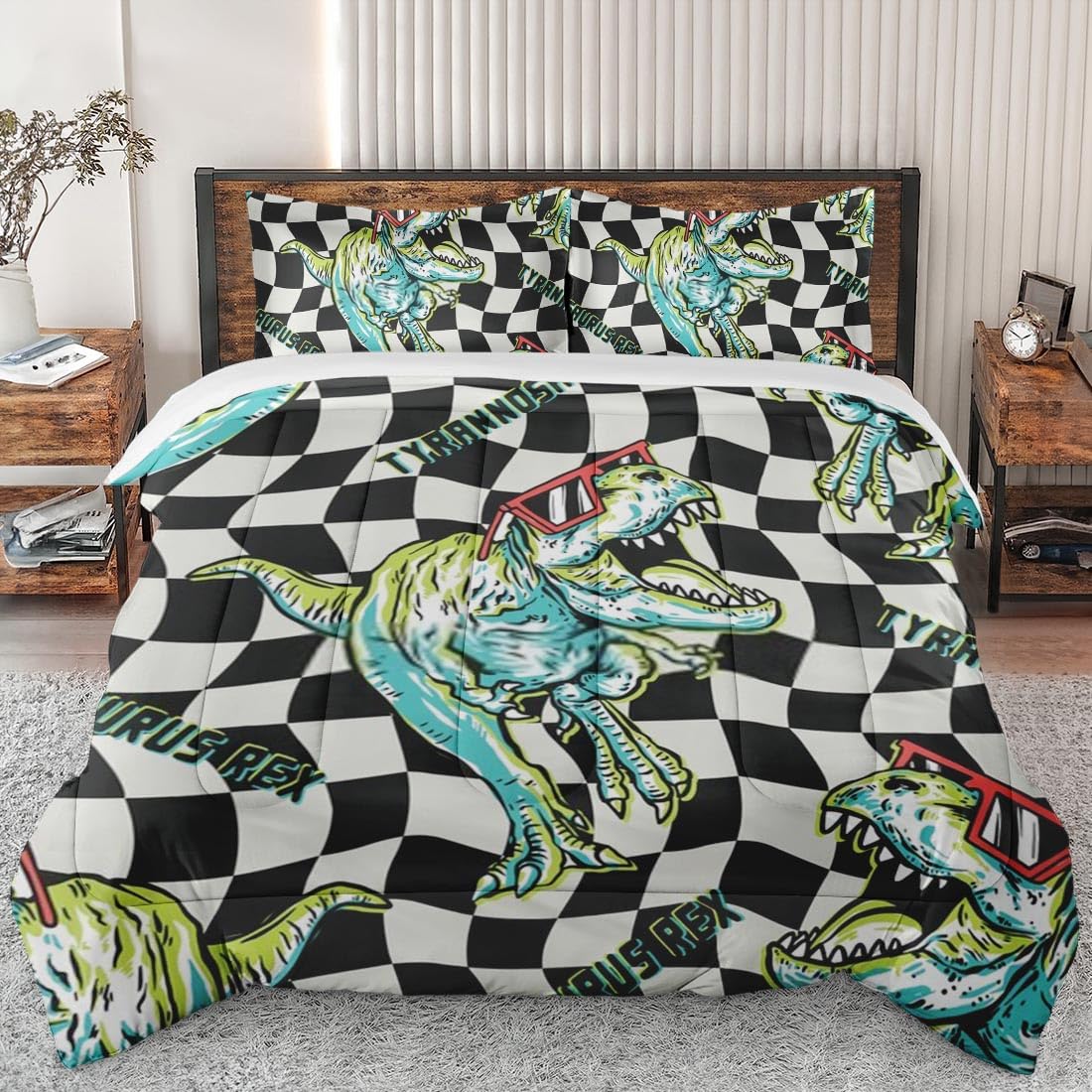 Dinosaur Comforter Set Full Size - Soft Geometric Bedding for Kids & Adults, Includes 2 Pillowcases | Fun Retro Dino Theme for Bedroom Decor - Perfect for Kids' Rooms, Guest Bedrooms & Cozy Nights