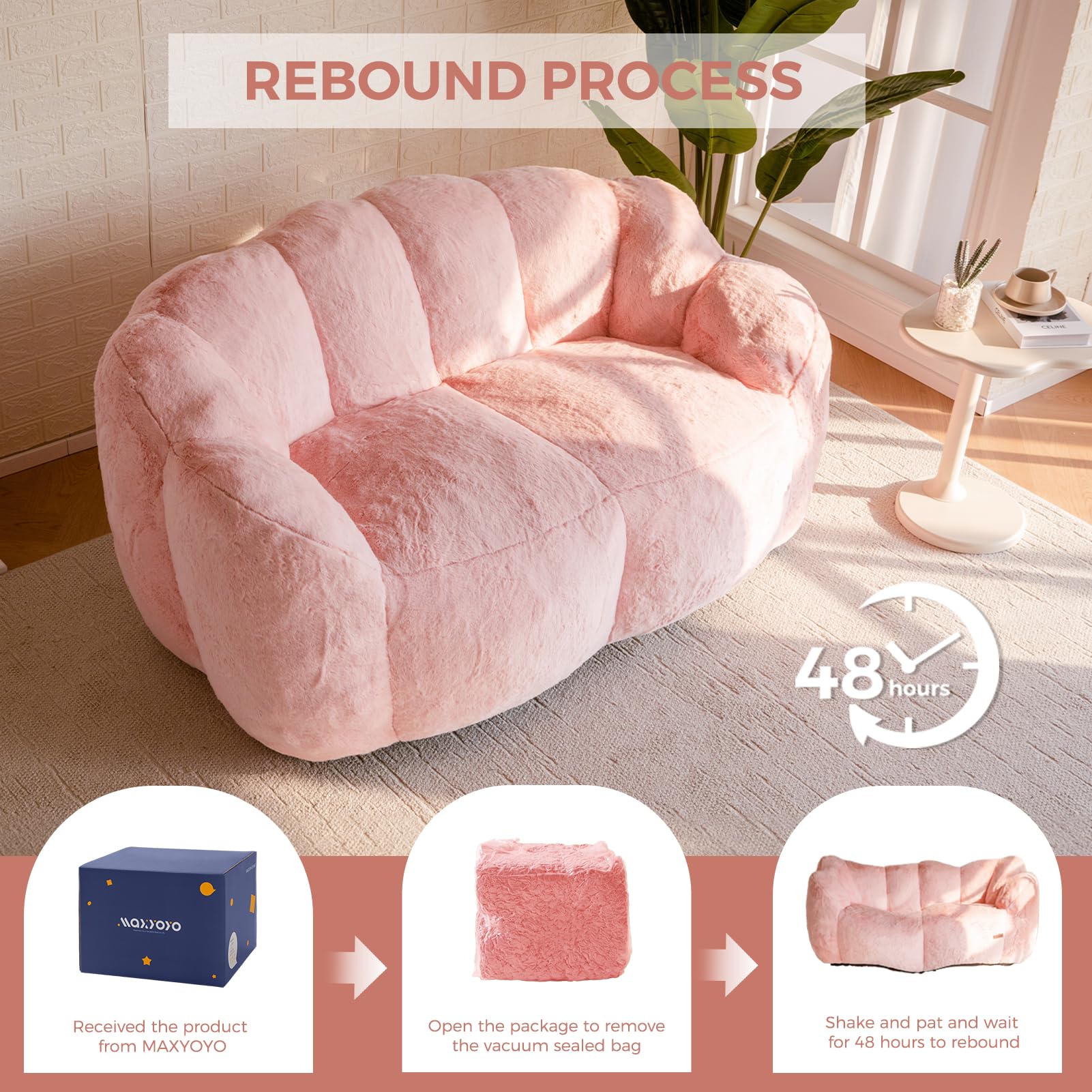 MAXYOYO Ultra Soft Faux Fur Bean Bag Chair - Double Size Loveseat with Floral Petal Back Design for Adults (Pink) | Perfect for Living Room, Bedroom, Dorm & Game Room Relaxation