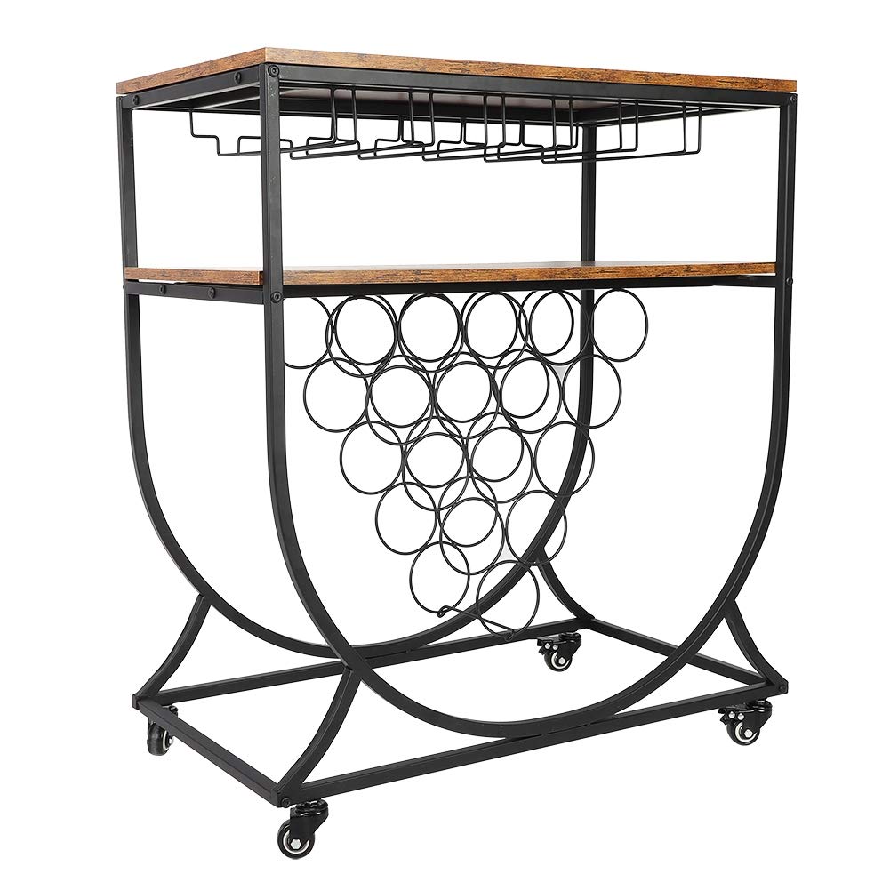 Industrial Vintage Style Mobile Wine Cart with Wine Bottle Rack - Kitchen Storage & Serving Cart for Home, Bar, and Party Use