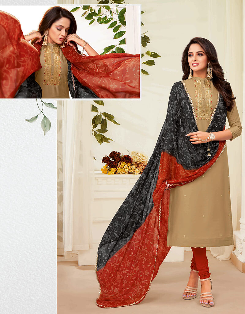 Elegant Beige Chanderi Cotton Salwar Suit - Comfortable Indian Ethnic Wear for Women - Perfect for Weddings, Festivals & Special Occasions