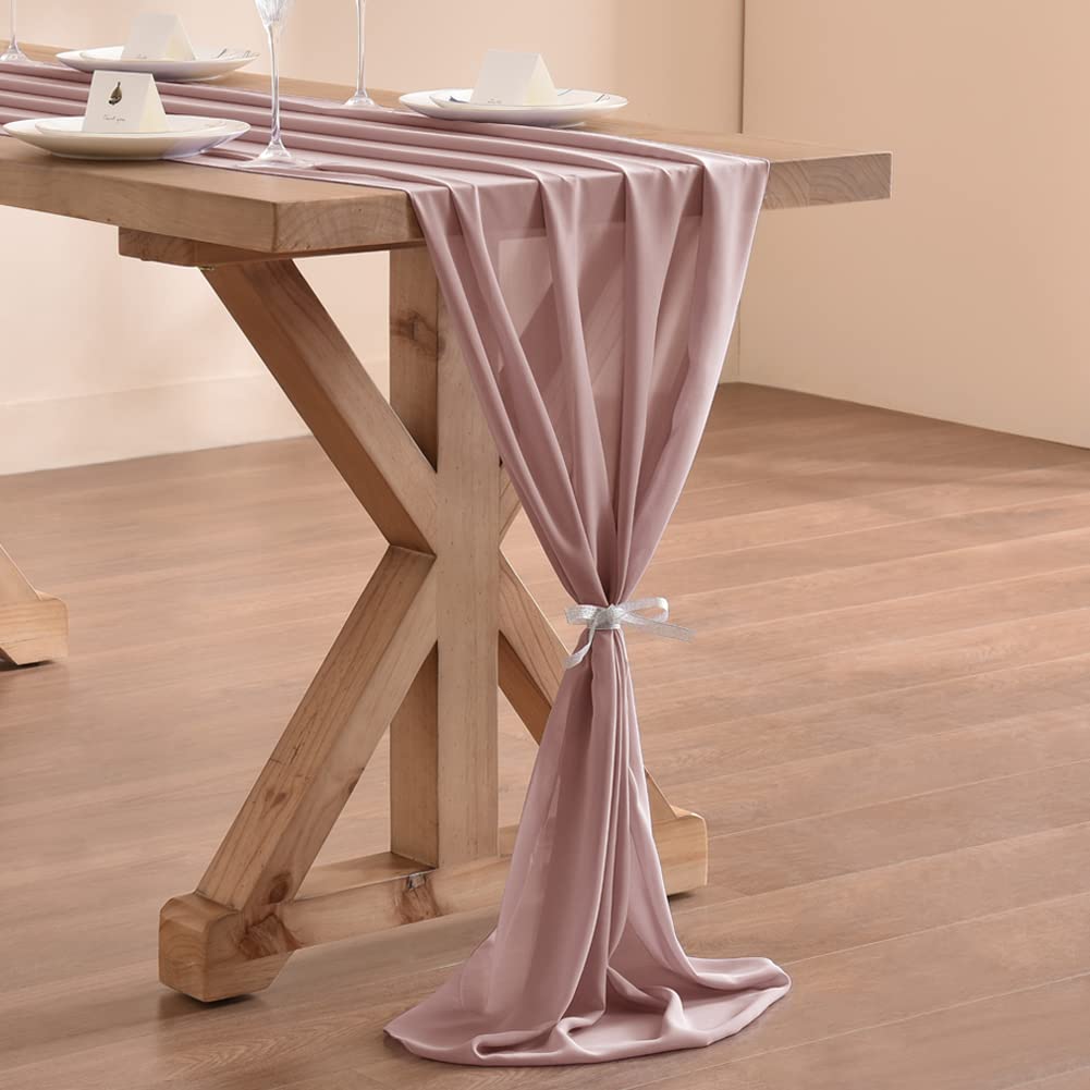 Elegant Dusty Rose Chiffon Table Runner - 14ft (29x170 Inches) Boho Rustic Wedding Decor for Easter, Spring & Bridal Showers - Romantic Sheer Fabric for Dining Tables, Party Decorations & Special Events