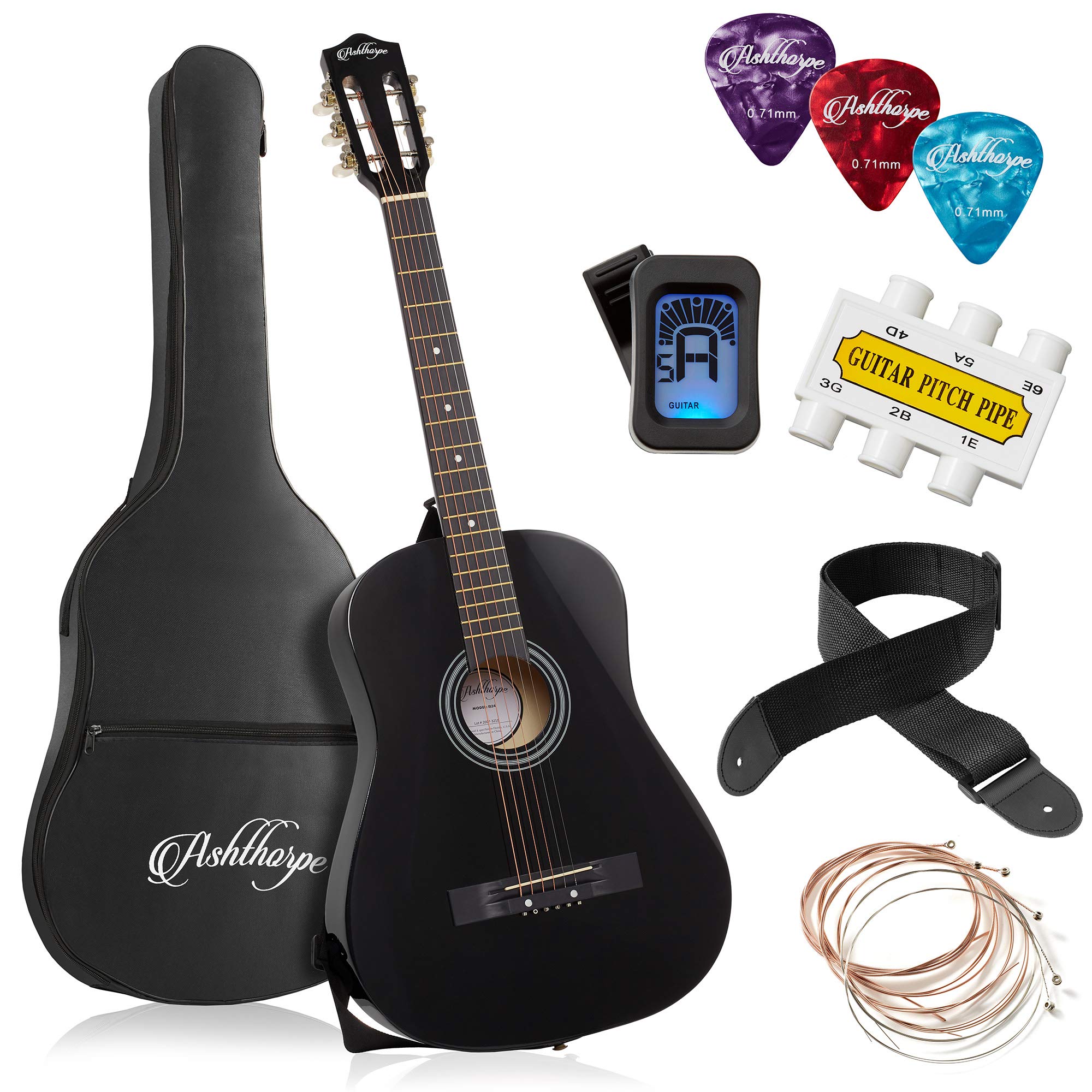 Ashthorpe 38-Inch Acoustic Guitar Starter Kit for Beginners - Black with Gig Bag, Strings, Strap, Tuner, Picks & Accessories | Perfect for Learning, Practice & Travel