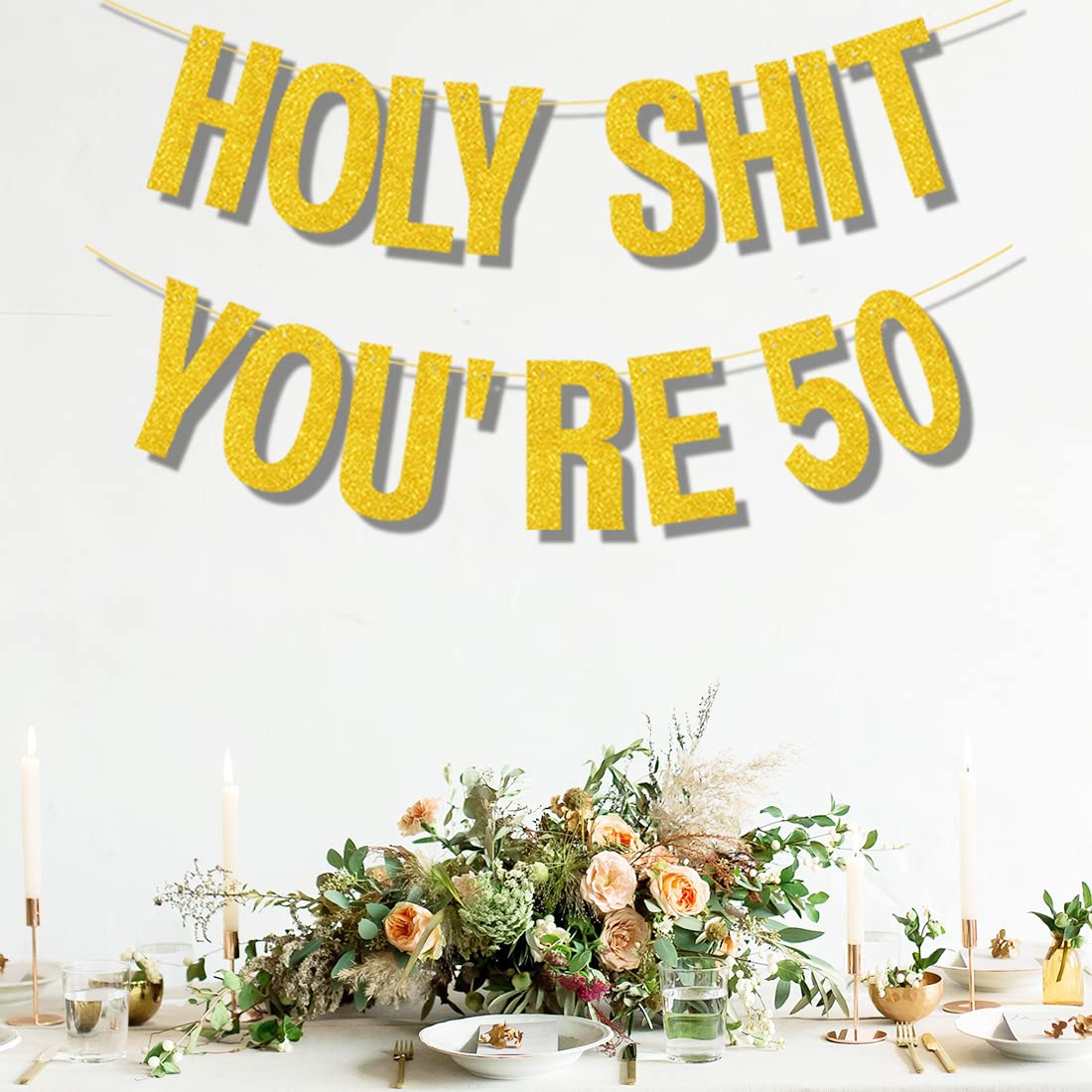 50th Birthday Banner - Gold Glitter Pre-Strung Party Decorations for Women & Men - Funny 'Holy Shit You're 50' Sign - Perfect for Milestone Birthday Parties, Surprise Celebrations & Decorative Backdrops