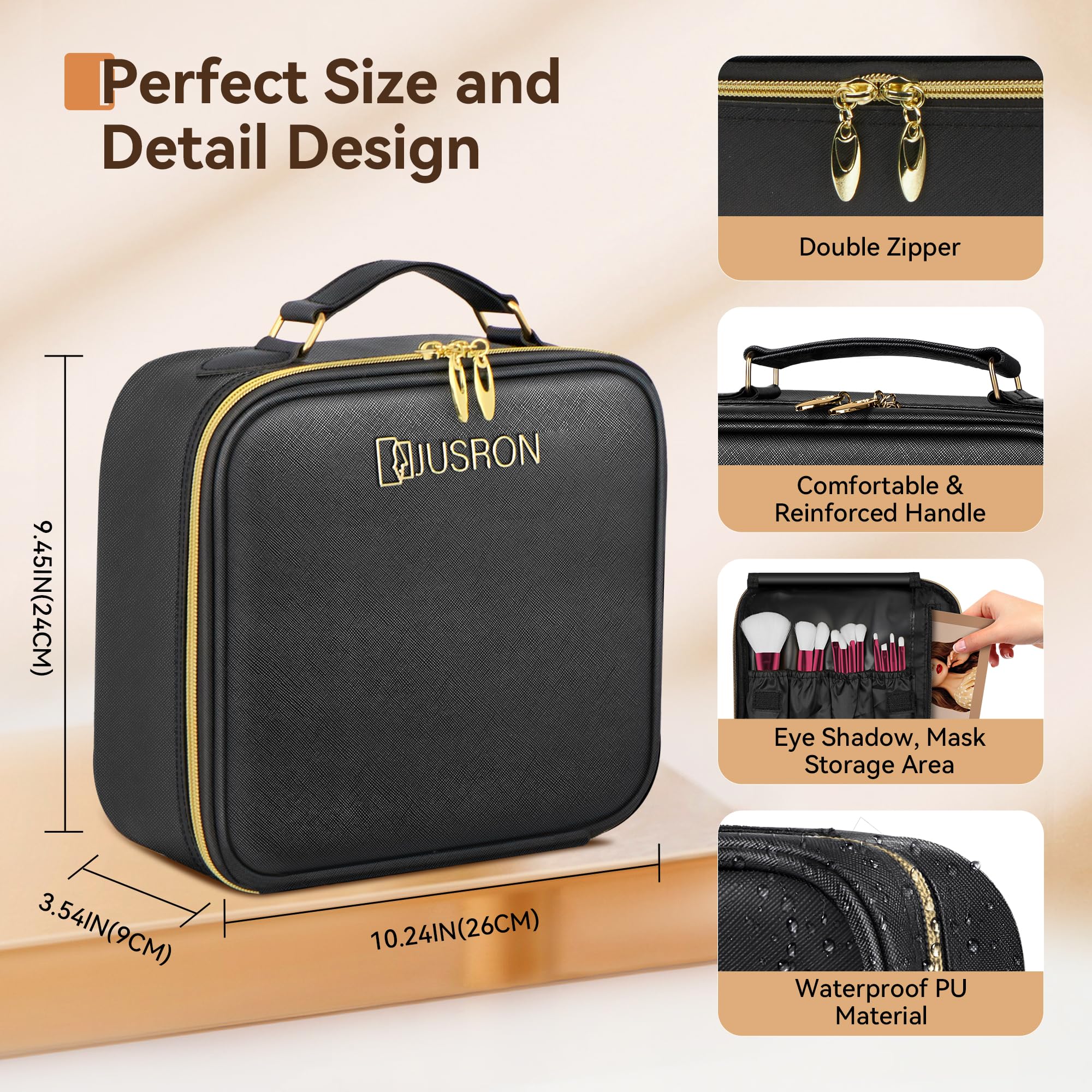 JUSRON Portable Makeup Bag with Adjustable Dividers - Small Cosmetic Organizer for Travel, Makeup Brush Holder Storage Case (Black) - Perfect for On-the-Go Touch Ups, Gym Essentials & Daily Beauty Routine