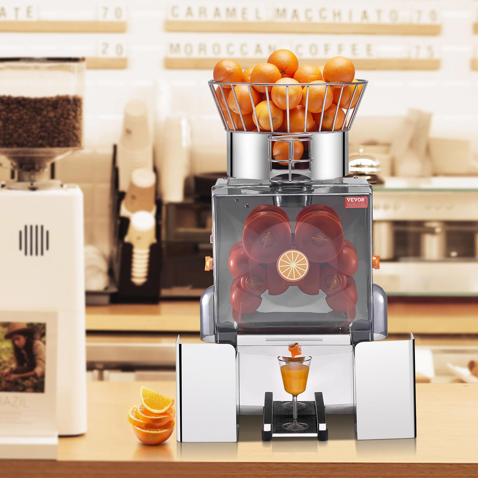 VEVOR Commercial Orange Juicer Machine - 120W Automatic Feeding Juice Extractor with Stainless Steel Construction, Pull-Out Filter Box & 2 Peel Buckets - High Capacity 25 Oranges/Min for Restaurants, Juice Bars & Catering Services