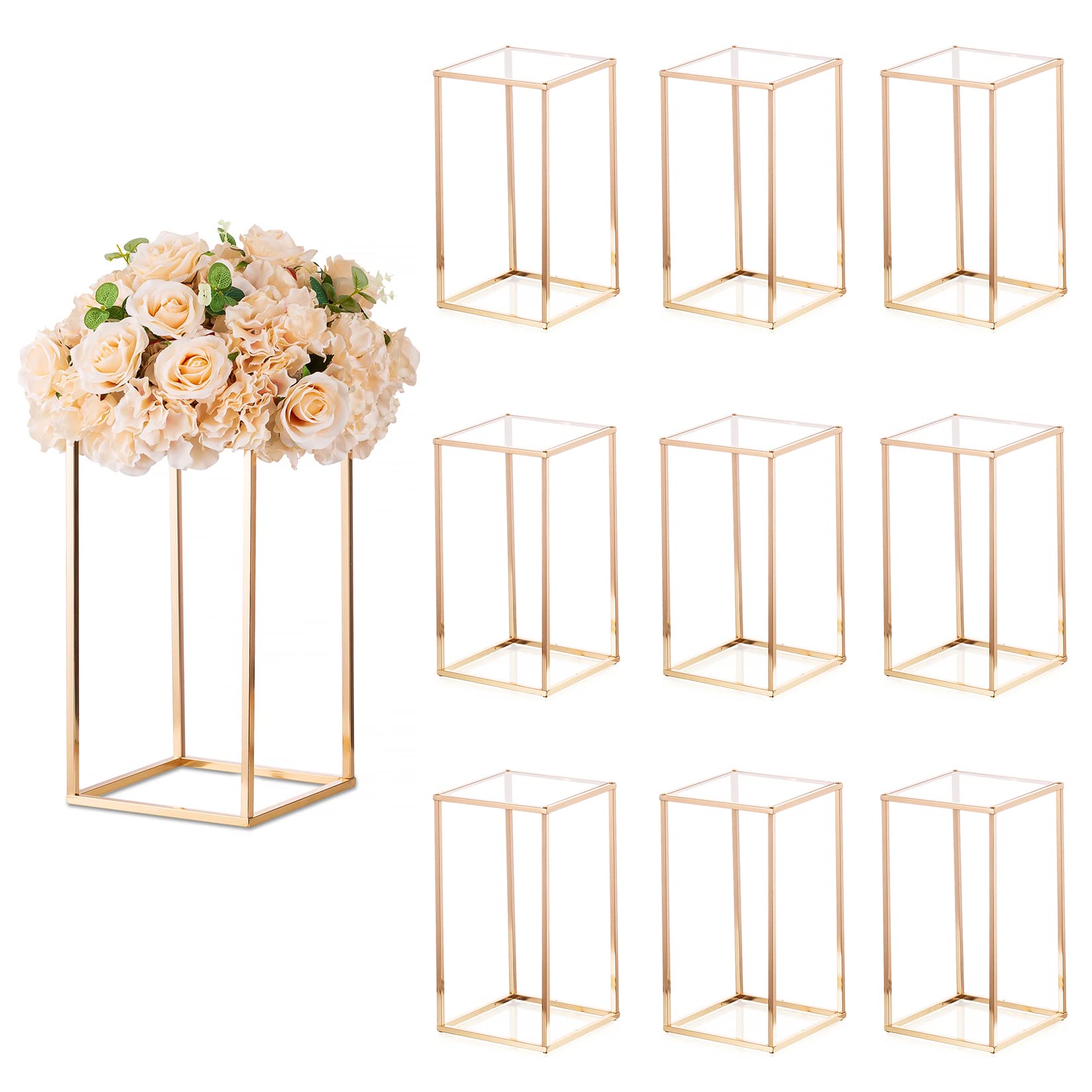 Minimalist Gold Cuboid Flower Stand - 15.75 Inch Wedding Centerpiece for Dining Table Decor | Engagement Party Decorations | Perfect for Wedding Receptions, Anniversary Celebrations & Home Tabletop Displays