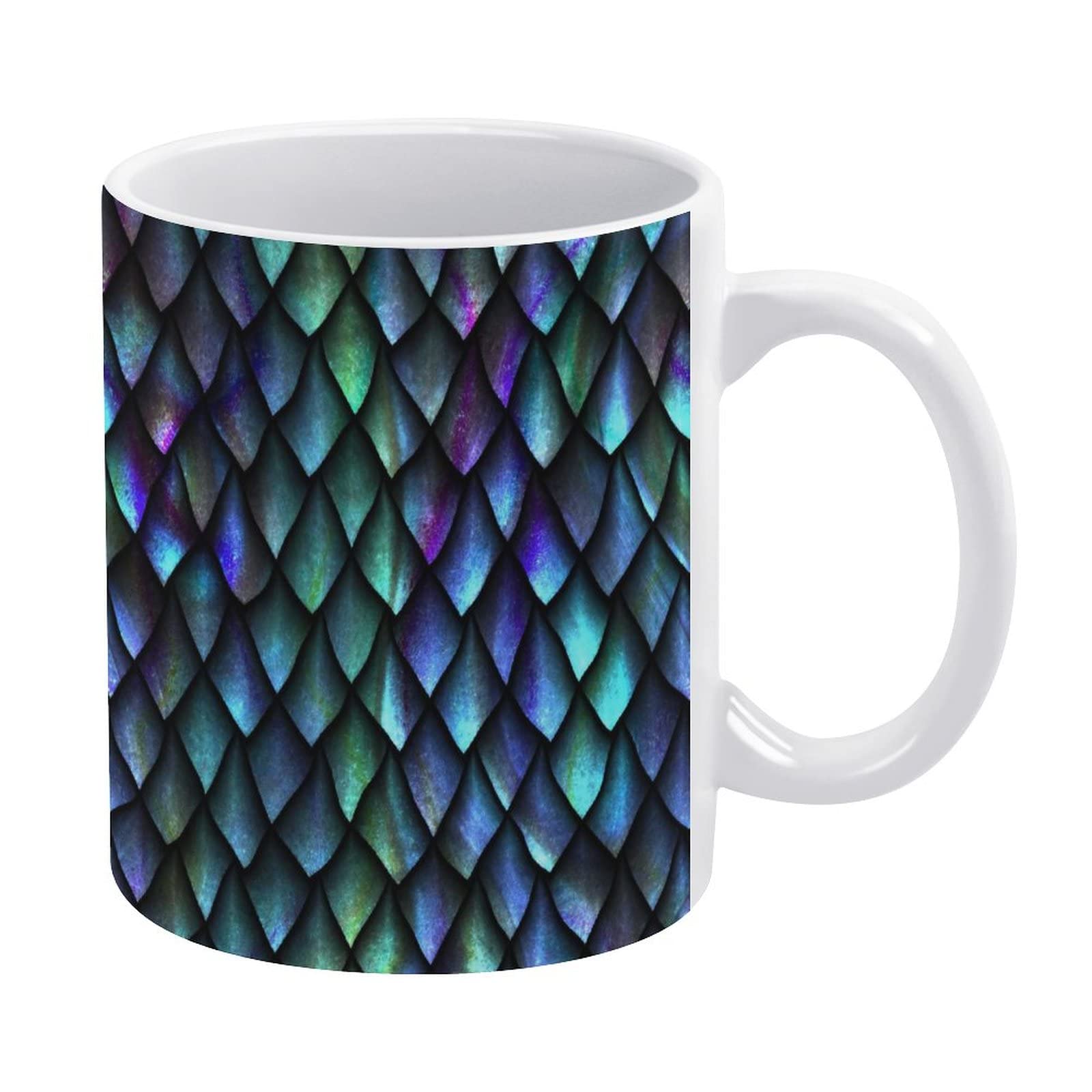 Turquoise Blue Green Dragon Scale Glitter Ceramic Mug - 11 Oz White Reptile Skin Design for Tea, Coffee, Milk, Juice - Perfect for Home, Office, Cafe & Gifts (Mom, Dad, Daughter, Son) - Unique Party & Holiday Present