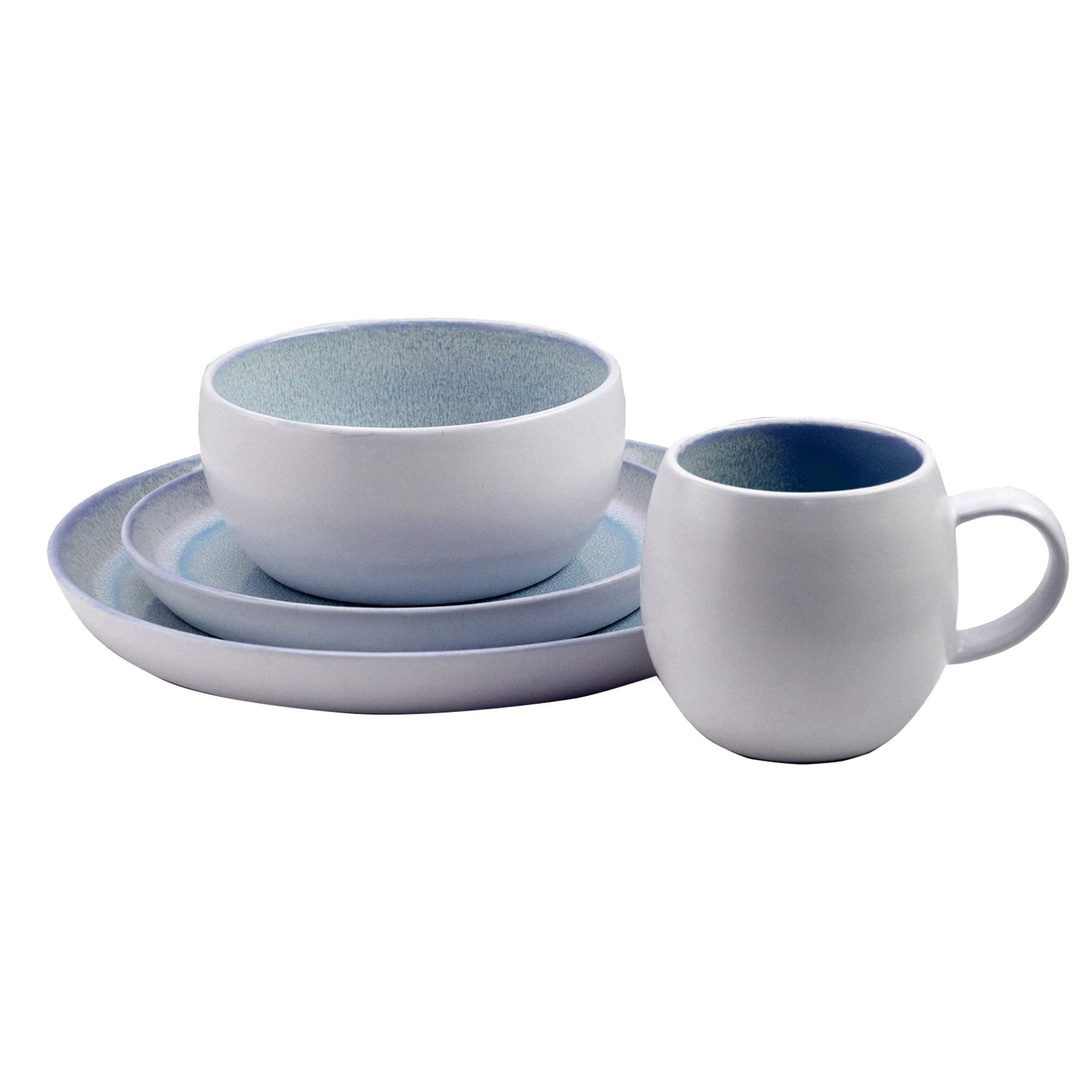 Elama Round Stoneware Mocha Collection Contemporary Dinnerware Set - 16 Piece Blue and White Porcelain Plates, Bowls & Mugs - Perfect for Modern Dining, Entertaining & Everyday Use