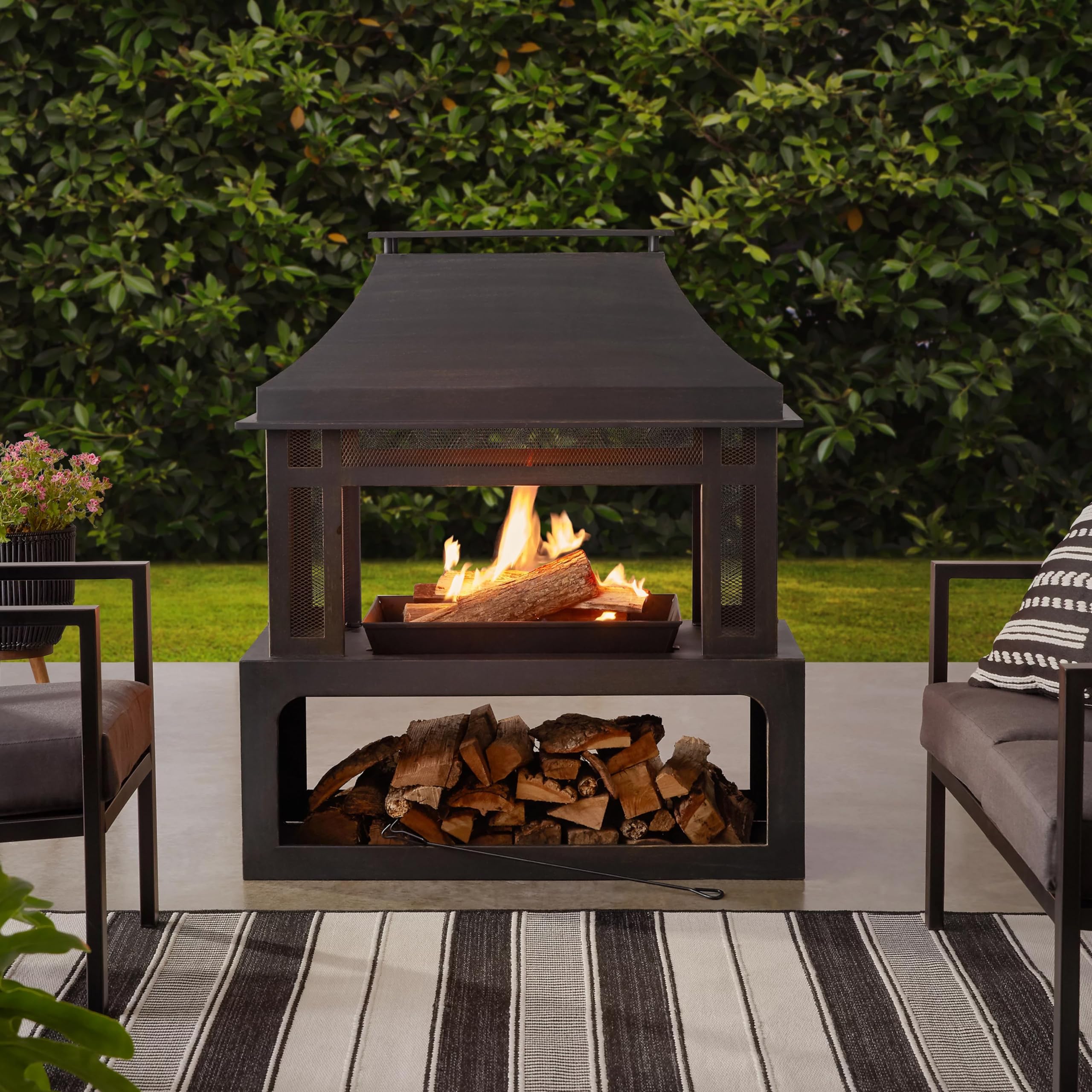 Black SRLF370 Wood Burning Fireplace with Log Rack & Tool Set - Classic Indoor/Outdoor Fireplace for Patio, Backyard, and Living Room Heating