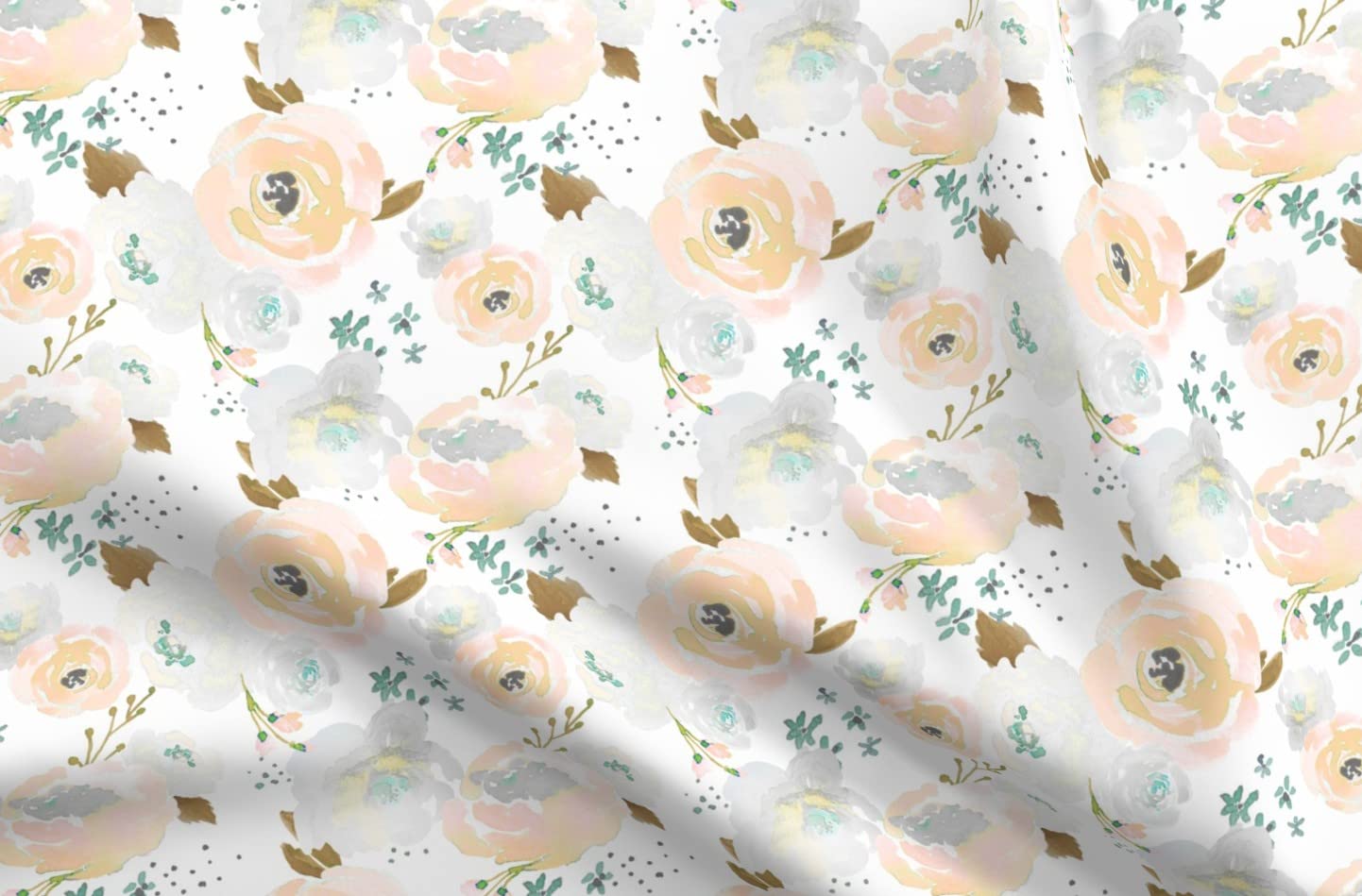 Bloom Grey Peach Floral Watercolor Printed Minky Fabric Fat Quarter - Soft Plush Fabric for Sewing Baby Blankets, Quilt Backing & DIY Plush Toys - Perfect for Nursery Decor & Handmade Gifts