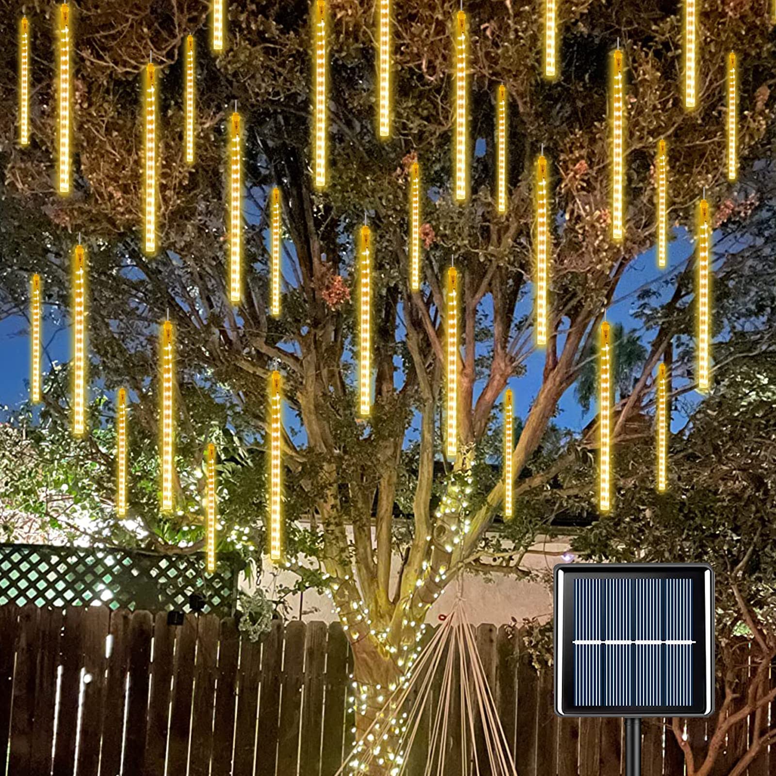 YEGUO 144 LED Solar Meteor Shower Lights Outdoor - 8 Tubes Warm White Christmas Tree Lights with Falling Raindrop Effect (11.8 Inch) - Perfect for Garden, Yard, Patio, Pathway and Holiday Decorations