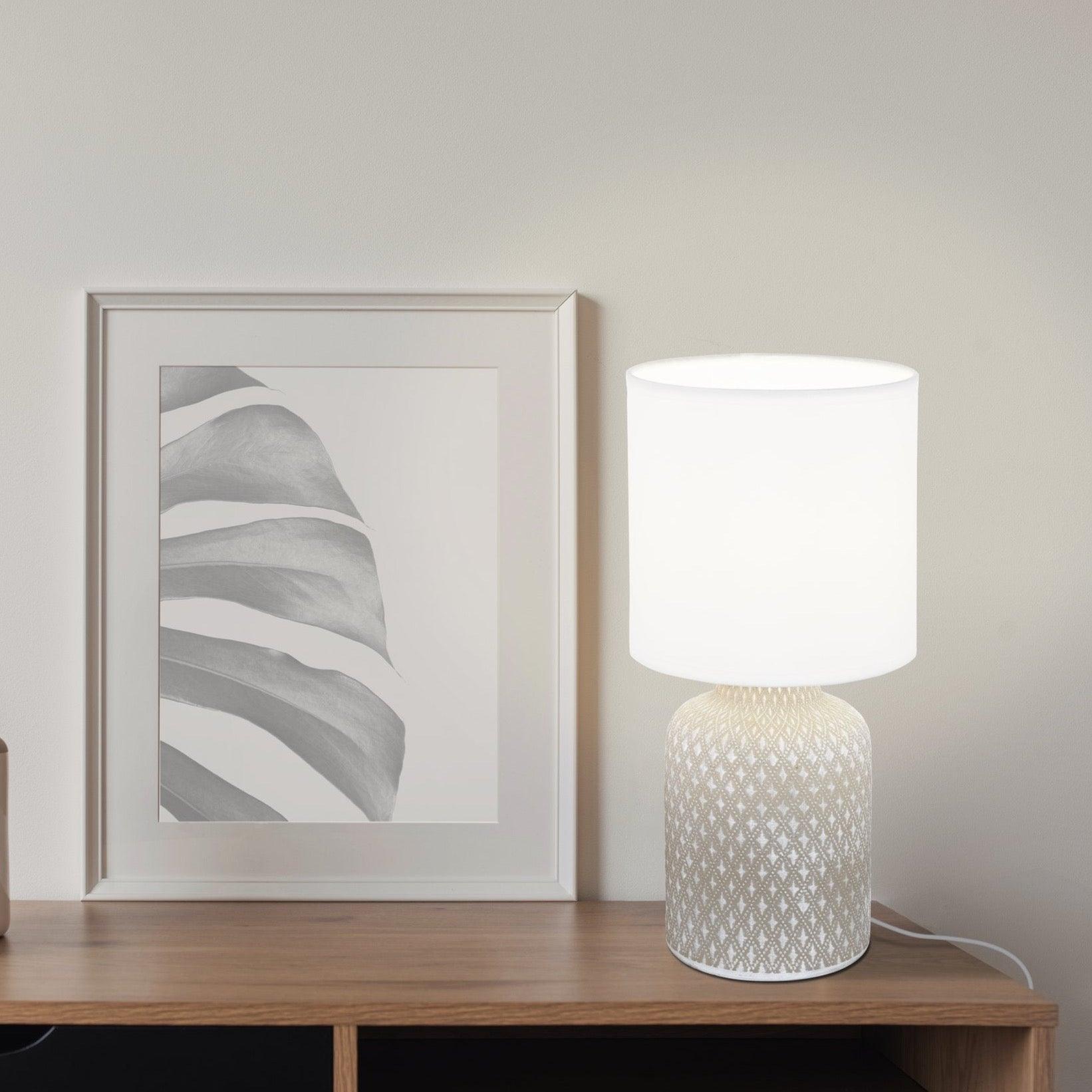 Eglo Bellariva Grey Ceramic Table Lamp with White Fabric Shade - Modern Home Office & Bedroom Lighting Decor