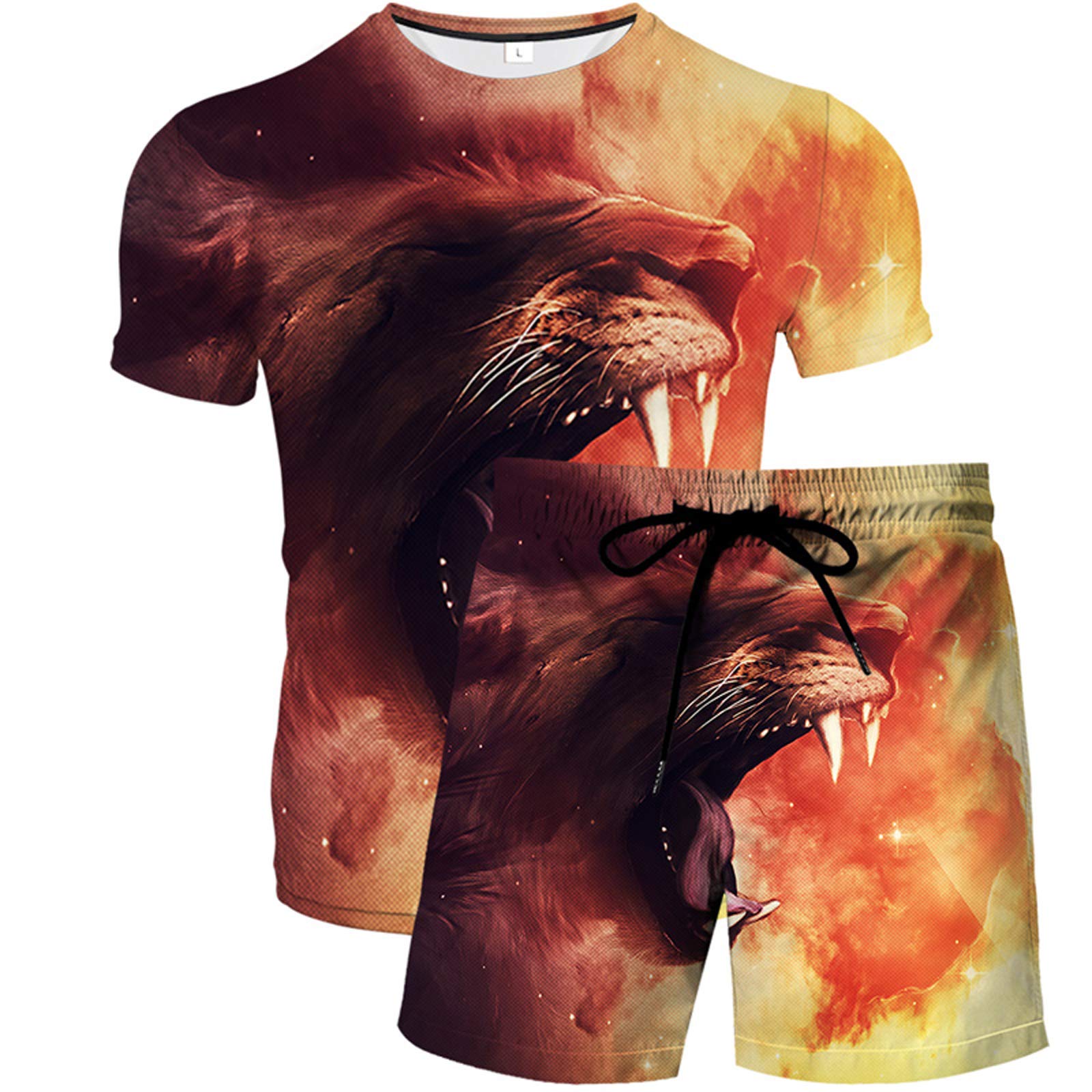URVIP Men's 2-Piece Lion Print Romper T-Shirt and Shorts Set - Breathable Mesh Sports Tracksuit for Gym, Workout & Casual Streetwear