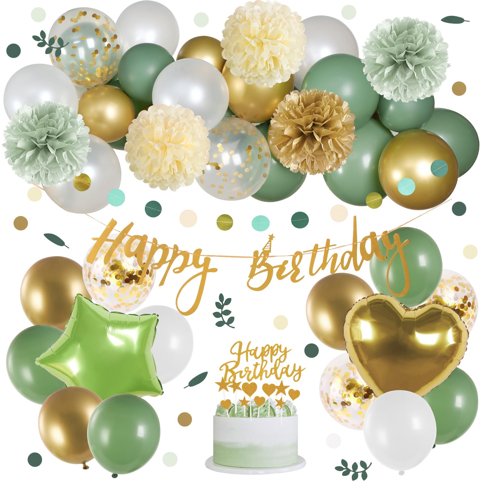 Sage Green and Gold Birthday Party Decorations - Happy Birthday Banner, Balloons, Tissue Pom Poms, Confetti Dots for Safari Theme Baby Shower, Birthday Party Supplies | Perfect for Jungle-Themed Celebrations, Gender Reveals, and First Birthday Parties