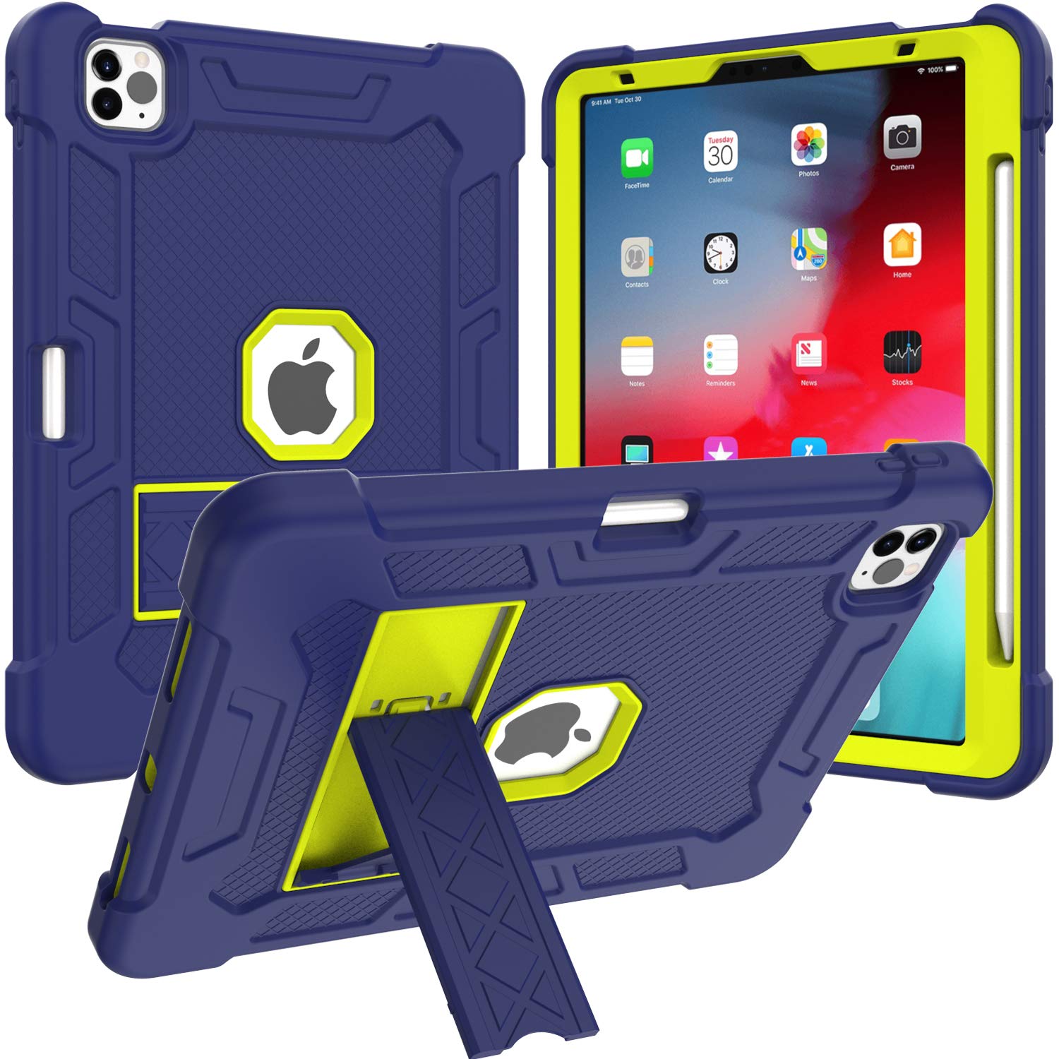 Shockproof Rugged Case for iPad Air 4 10.9 inch (2020 Model) - Heavy Duty Protective Cover with Built-in Pencil Holder & Kickstand, Navy Blue & Green | Kids Friendly Design for School, Travel & Outdoor Use