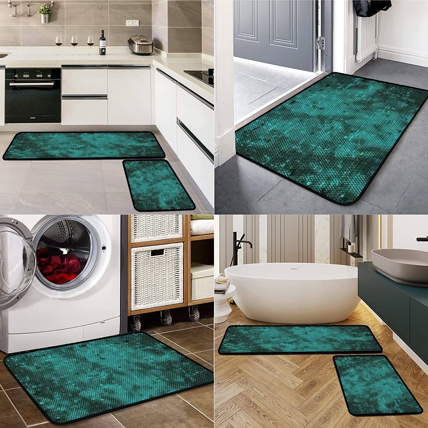 Non-Slip Washable Kitchen Rugs Set - Turquoise Distressed Dotted Design Floor Mats, Anti-Fatigue Standing Mats for Kitchen, Bathroom & Entryway Decor - Perfect for High Traffic Areas and Comfortable Cooking