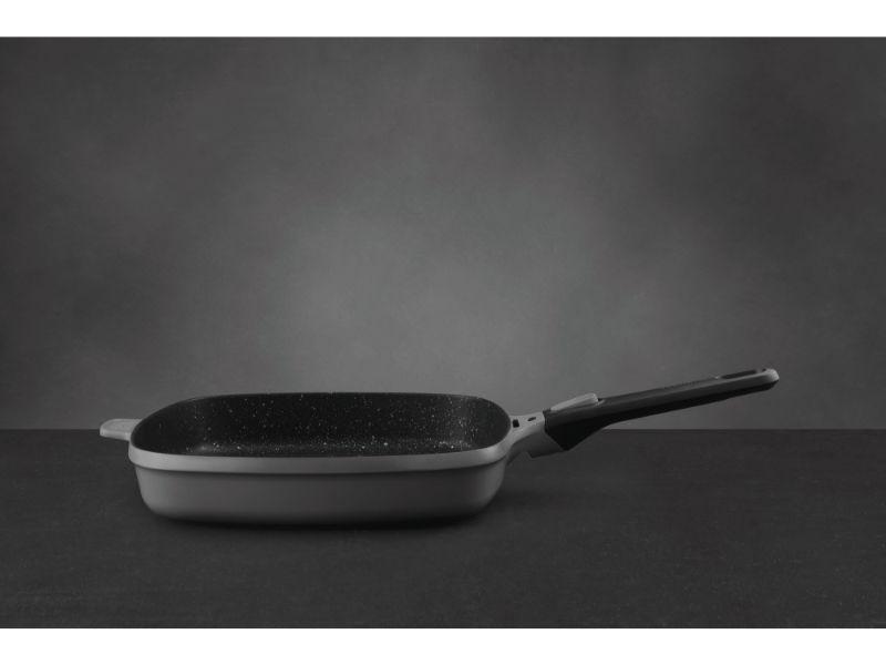 BergHOFF GEM 11 Inch Square Non-Stick Grill Pan with Detachable Handle - Perfect for Indoor Grilling, Stovetop Cooking & Serving (Grey)