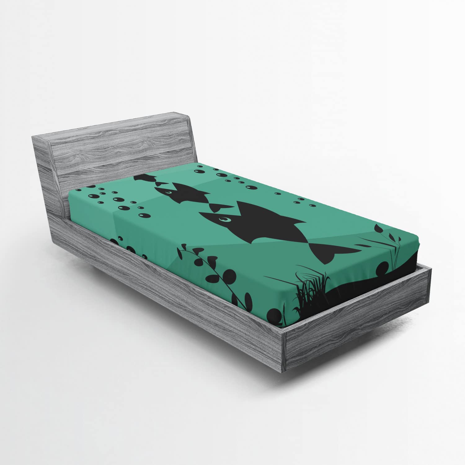 Ambesonne Fishing Fitted Sheet - Twin Size, Underwater Ocean Theme with Big Fish Design, Deep Pocket Elastic Bed Cover in Teal Grey | Perfect for Kids' Rooms, Beach Houses & Fishing Enthusiasts