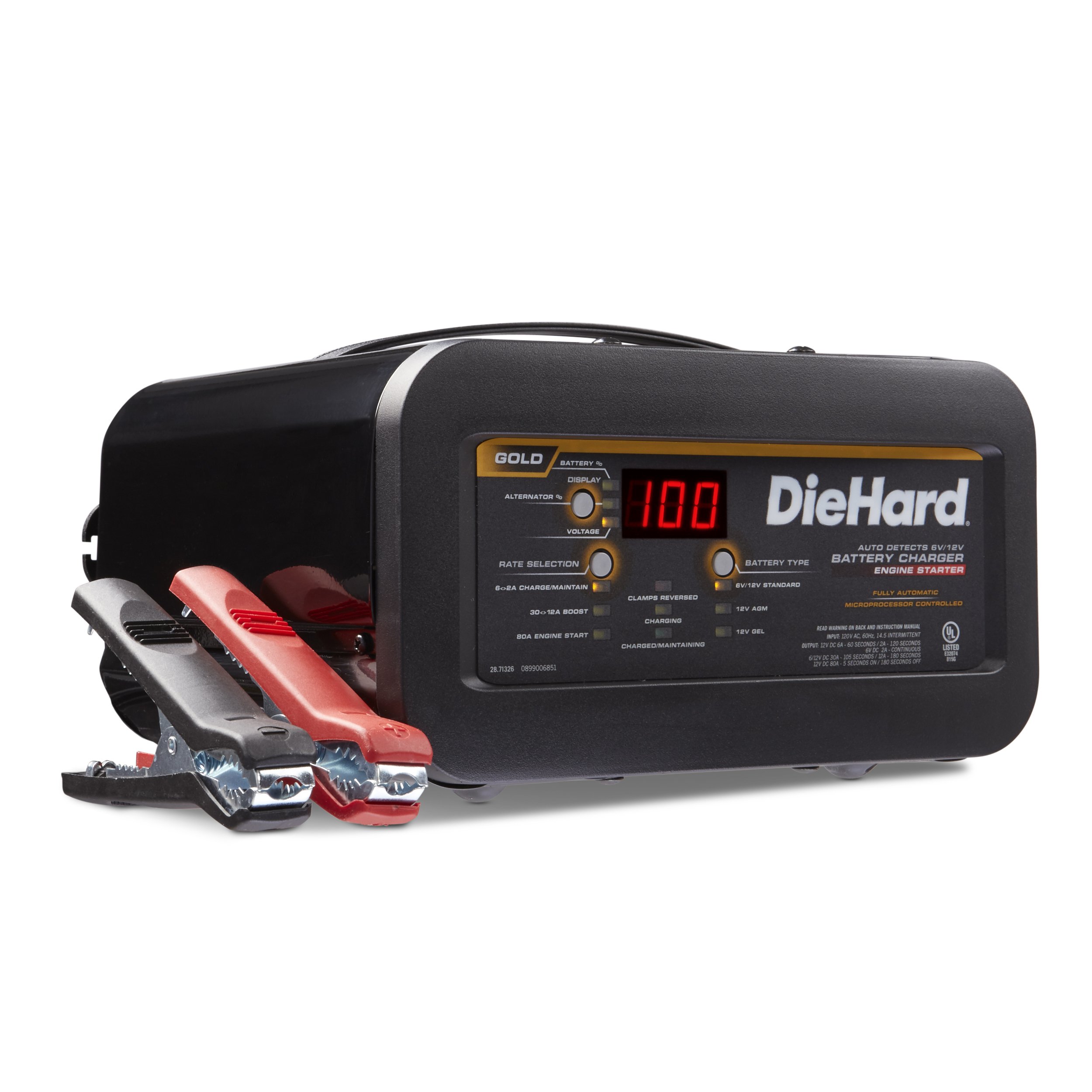 DieHard 71326 6/12V Gold Shelf Smart Battery Charger & 12/80A Engine Starter - Fast Charging for Car, Truck, Motorcycle, Boat & Power Equipment - Perfect for Home Garage, Roadside Emergencies & Winter Maintenance