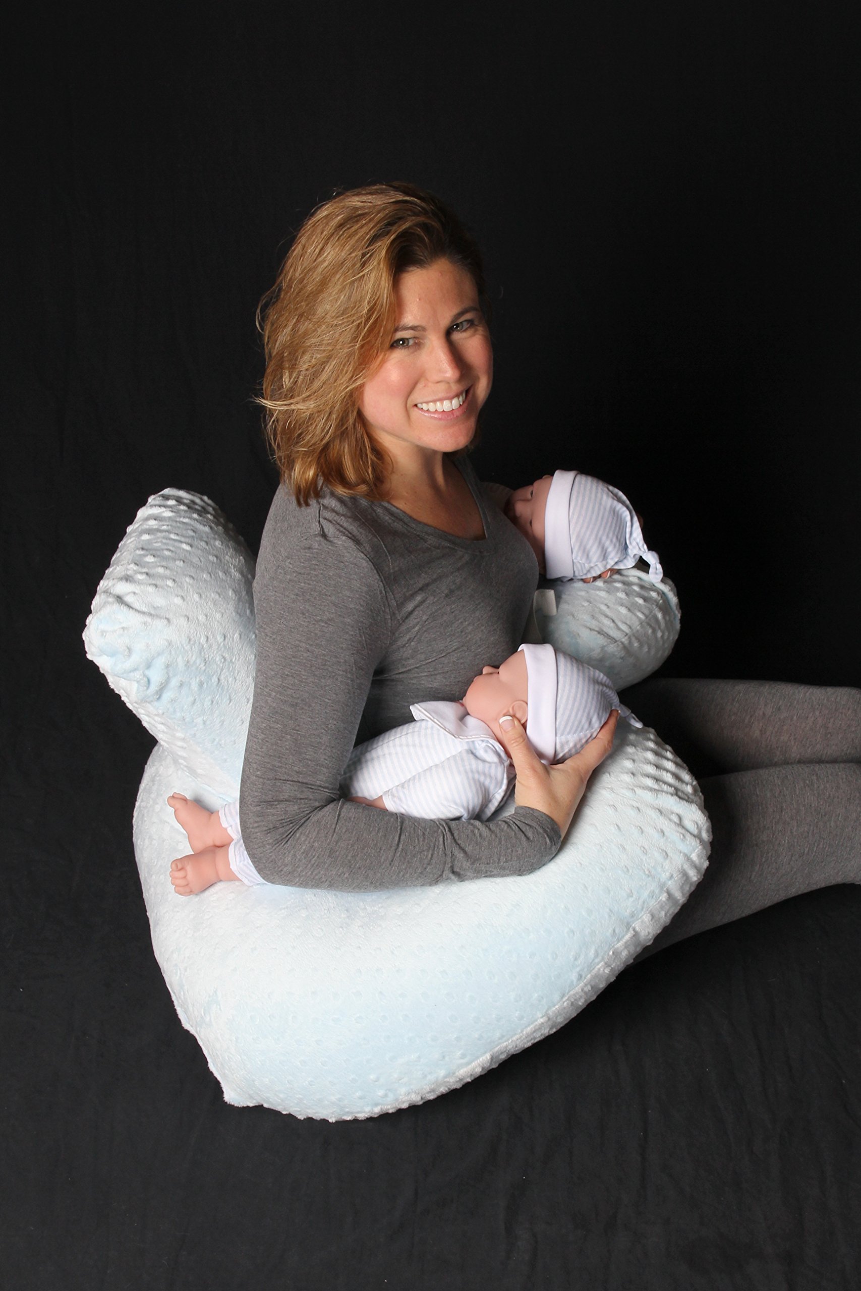 Twin Z Pillow Blue - Nursing & Bottle Feeding Support for Twins, Tummy Time & Reflux Relief, Pregnancy Pillow (No Foam) | Essential Baby Gear for Newborns & Infants | Perfect for Breastfeeding Moms & Twin Parenting