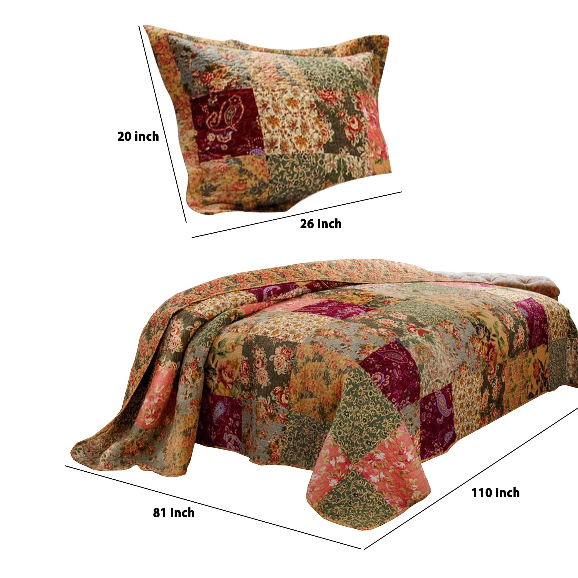 Benjara Kamet 2-Piece Twin Size Floral Printed Bedspread Set - Soft Fabric Bedding for Girls Room, Dorm Decor & Guest Bedroom