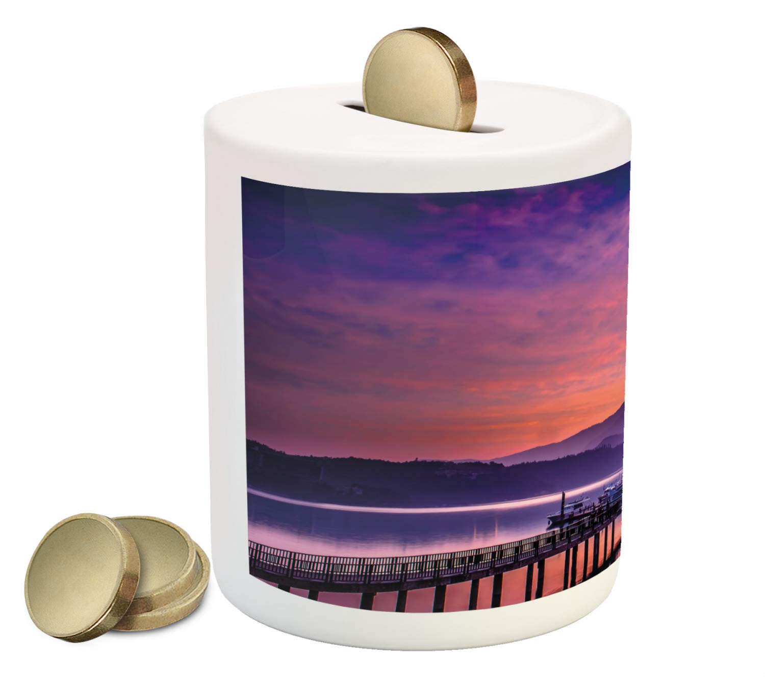 Ambesonne Ceramic Piggy Bank with Nantou Taiwan Seascape Design - Majestic Cloudy Sky, Lake, Boats & Mountain Print - Pink & Purple Money Box for Cash Savings | Perfect Gift for Kids, Collectors & Home Decor
