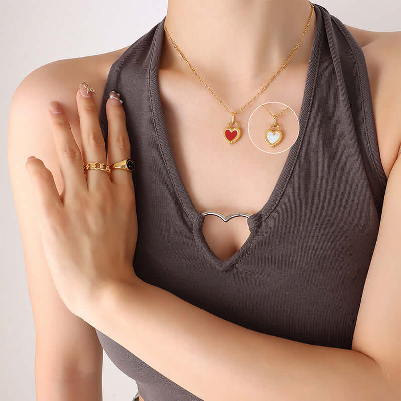 18K Gold Double Sided Heart Pendant Necklace for Women - Elegant Layering Jewelry Gift for Valentine's Day, Anniversary & Special Occasions