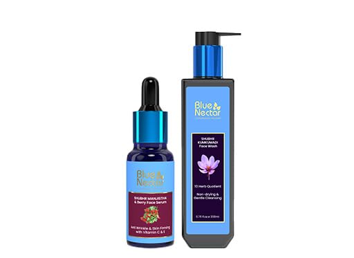 Blue Nectar Manjistha Vitamin C Face Serum for Anti-Wrinkle & Skin Firming (1 Fl Oz) + Kumkumadi Face Wash with Saffron for Women & Men (3.38 Fl Oz) – Brightening, Anti-Aging Skincare Routine for Day & Night Use