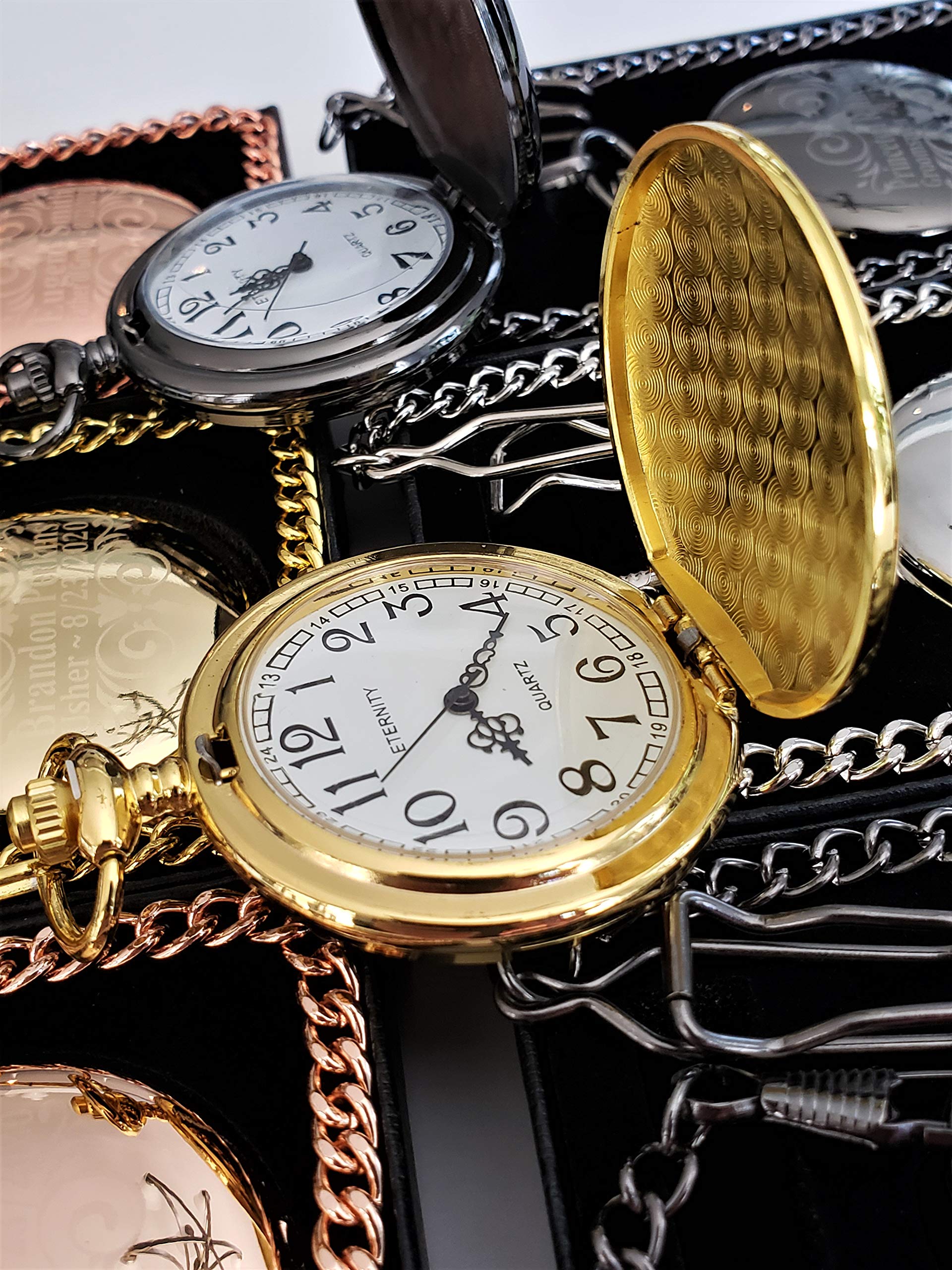 ETERNITY 4 Engraved Wedding Pocket Watches Set - Customized with Names/Dates, Includes 4 Watches, Chains & Gift Box - Perfect for Anniversaries, Bridal Party Gifts & Vintage-Themed Weddings