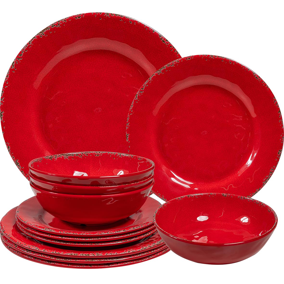 12-Piece Farmhouse Melamine Dinnerware Set - Service for 4 with Rustic Crackled Plates & Bowls - Durable Melamine Dishes for Christmas, Weddings, Camping & Outdoor Dining - Red Dinnerware Set for Family Gatherings & Special Occasions