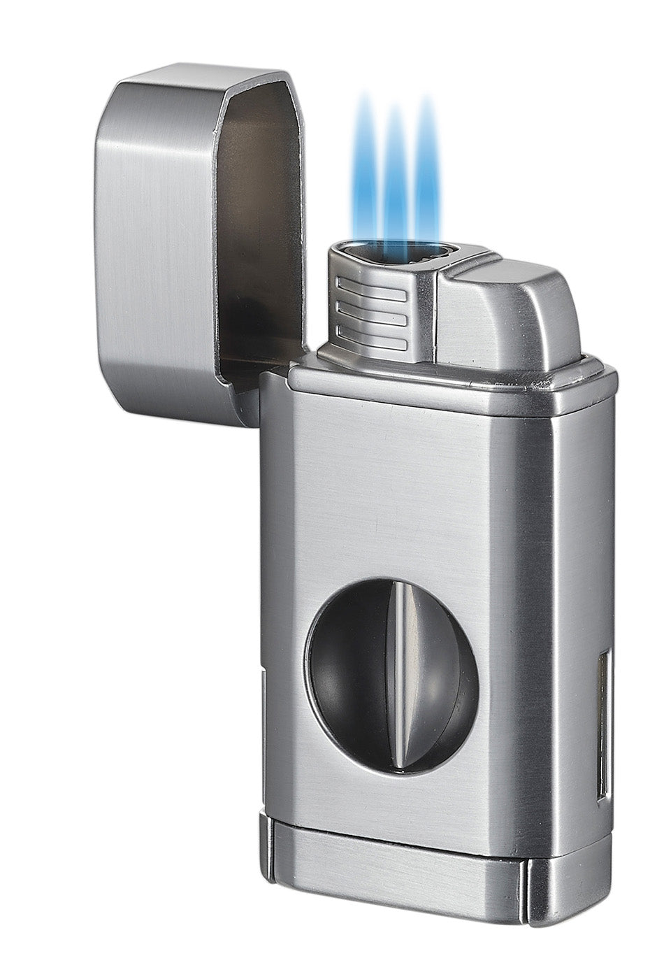 Visol Diablo Triple Torch Flame Lighter with Spring V Cutter - Silver | Windproof Butane Lighter for Cigars, BBQ, Camping & Outdoor Use