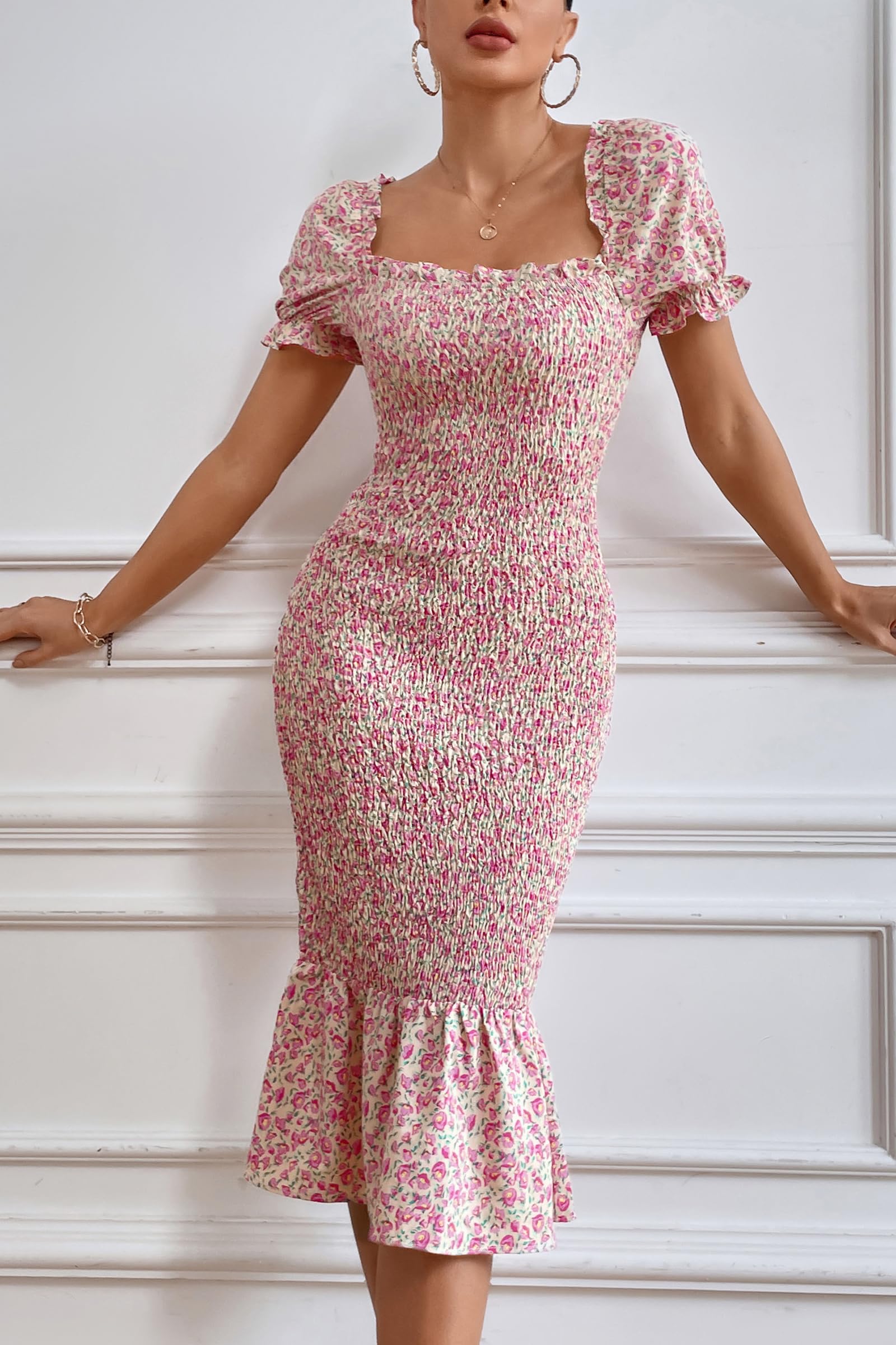 PRETTYGARDEN Floral Bodycon Midi Dress 2025 - Puff Sleeve Mermaid Cocktail Dress for Women | Perfect for Baby Shower, Maternity Photoshoot & Summer Parties